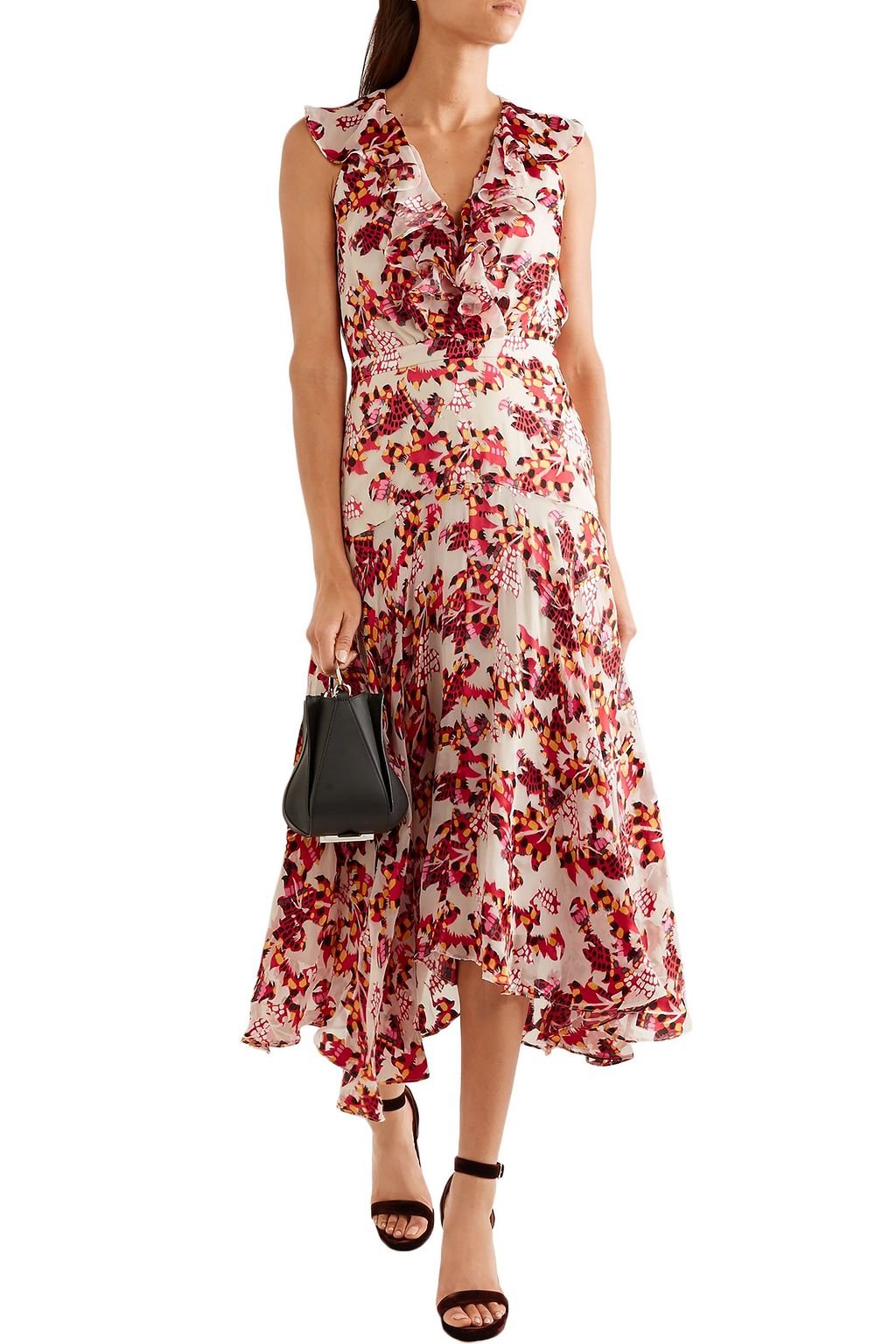 SALONI Rita ruffled printed devoré satin and chiffon midi dress