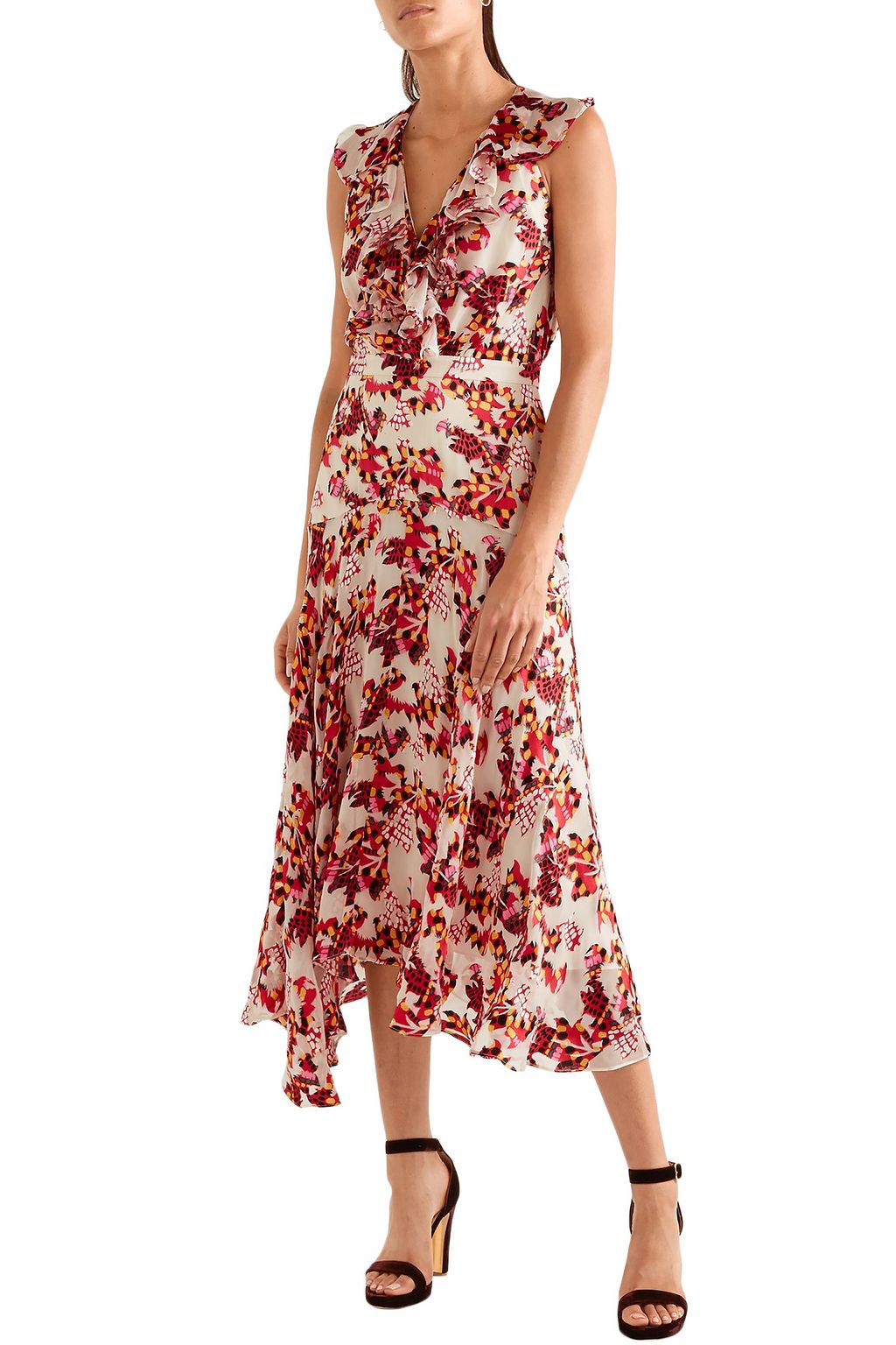 SALONI Rita ruffled printed devoré satin and chiffon midi dress