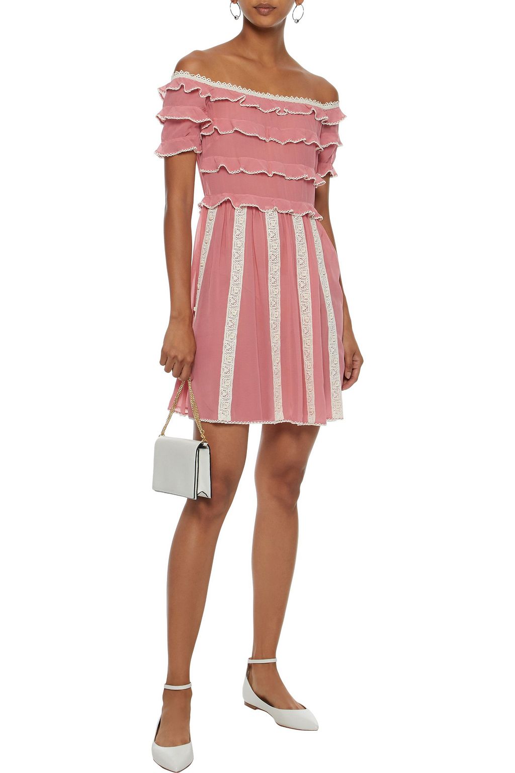 REDVALENTINO Off-the-shoulder ruffled lace-trimmed silk-chiffon mini dress