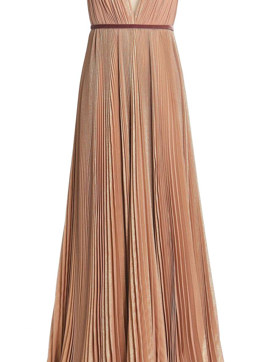 belted pleated metallic silk-blend gown