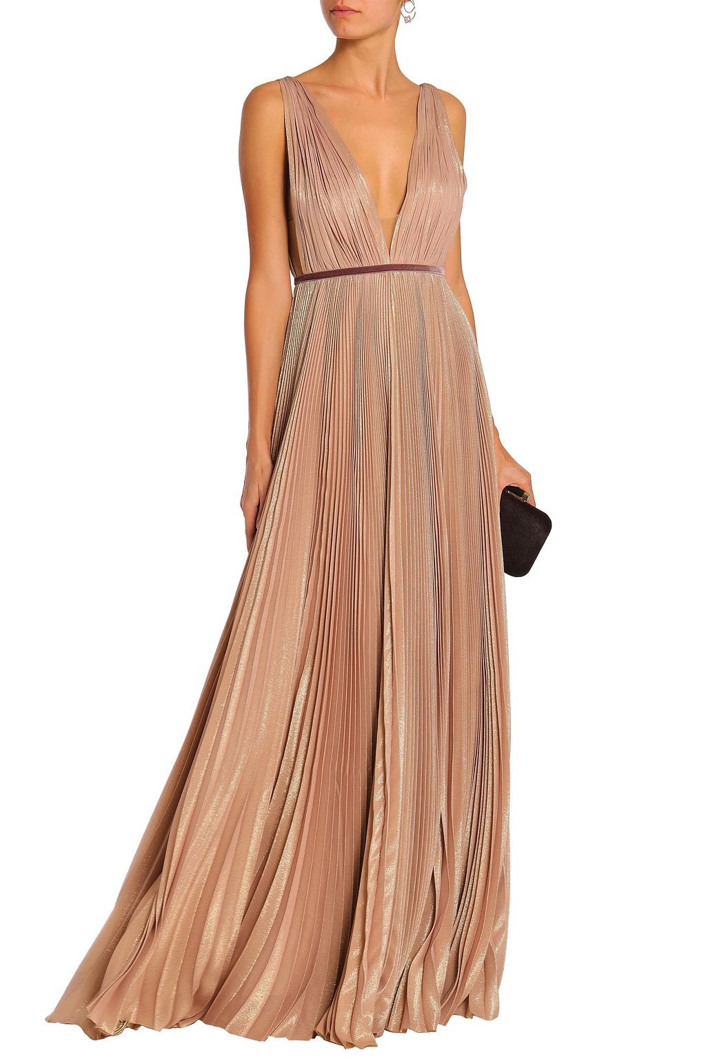 J.MENDEL Belted pleated metallic silk-blend gown