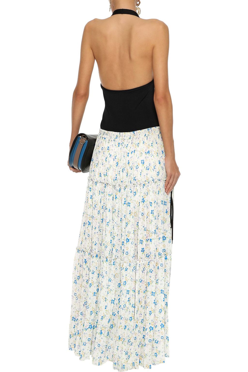 CHLOÉ Ribbed-knit and floral-print crepe de chine halterneck maxi dress