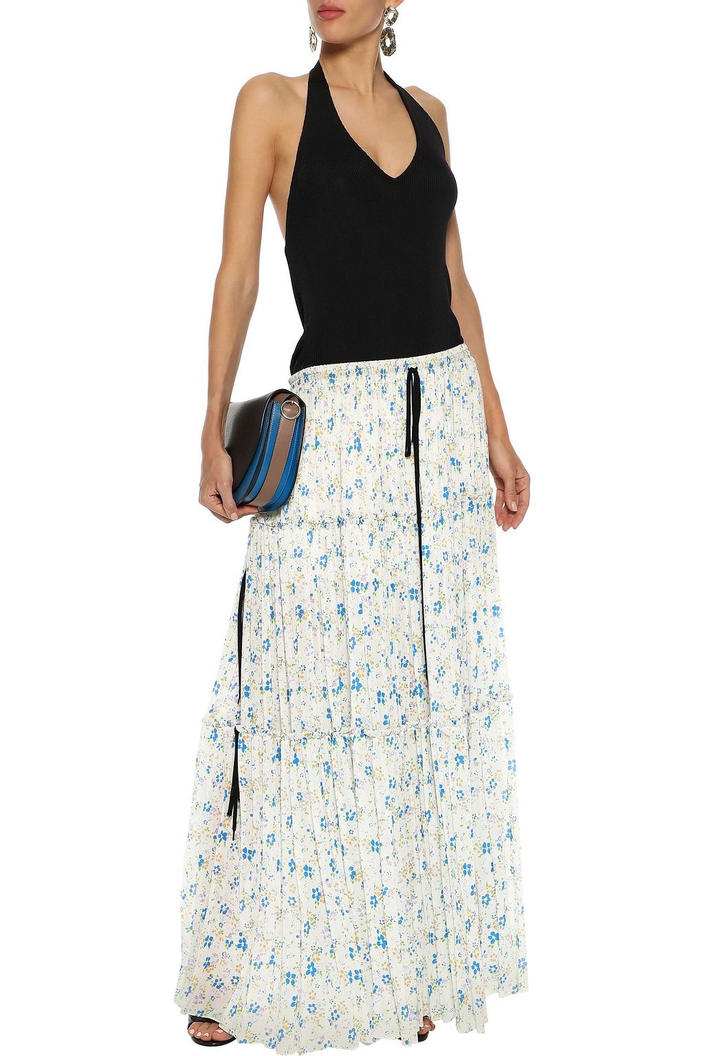 CHLOÉ Ribbed-knit and floral-print crepe de chine halterneck maxi dress