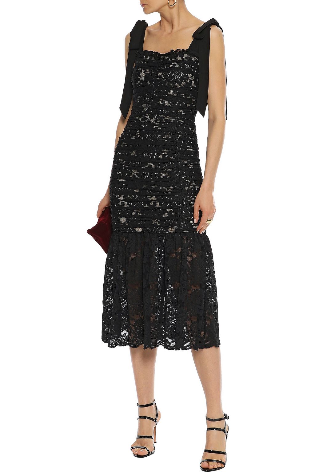 REBECCA VALLANCE Betty bow-detailed ruched lace midi dress