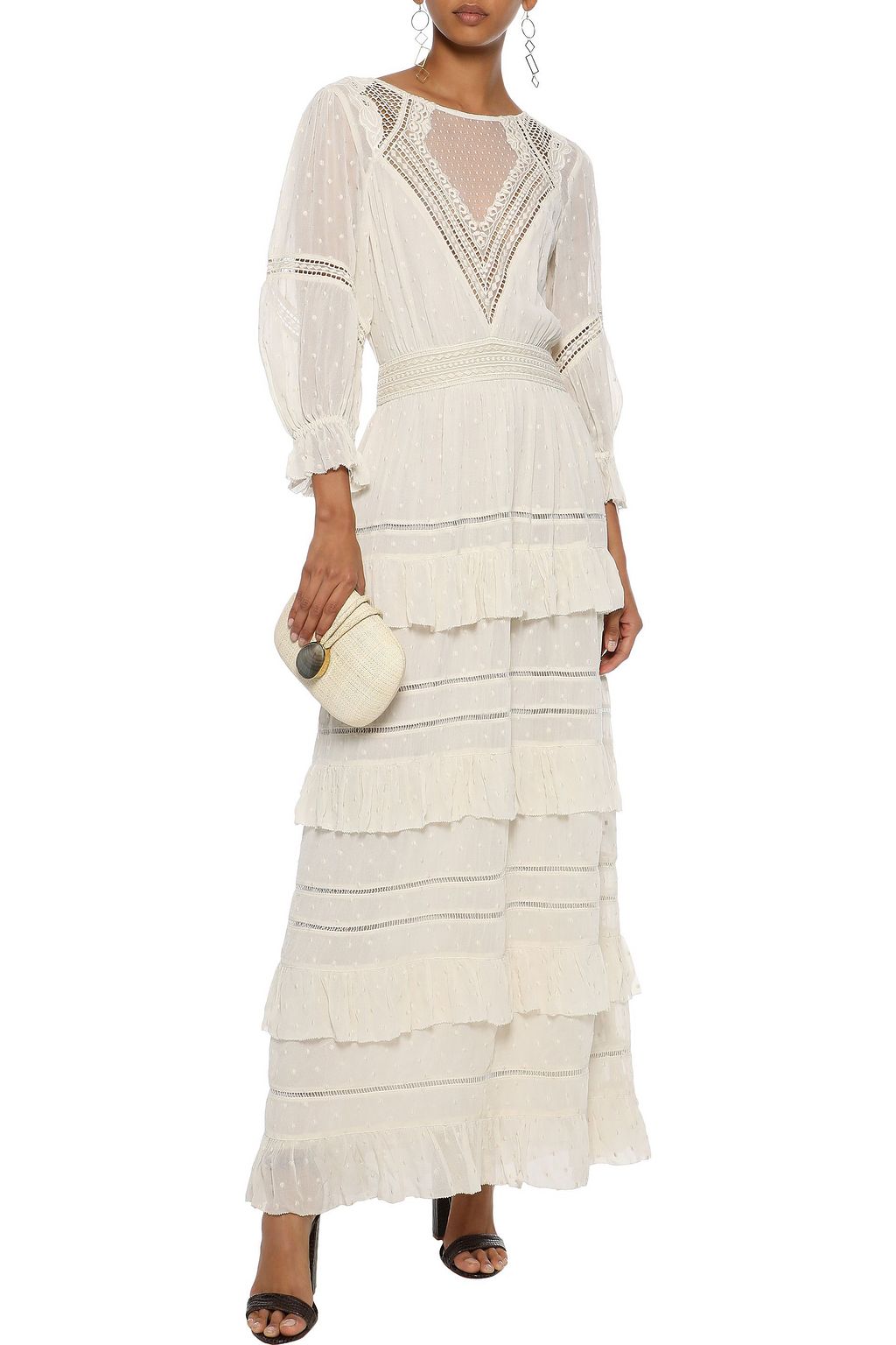 LOVE SAM Papillon point d'esprit-paneled tiered Swiss-dot chiffon maxi dress