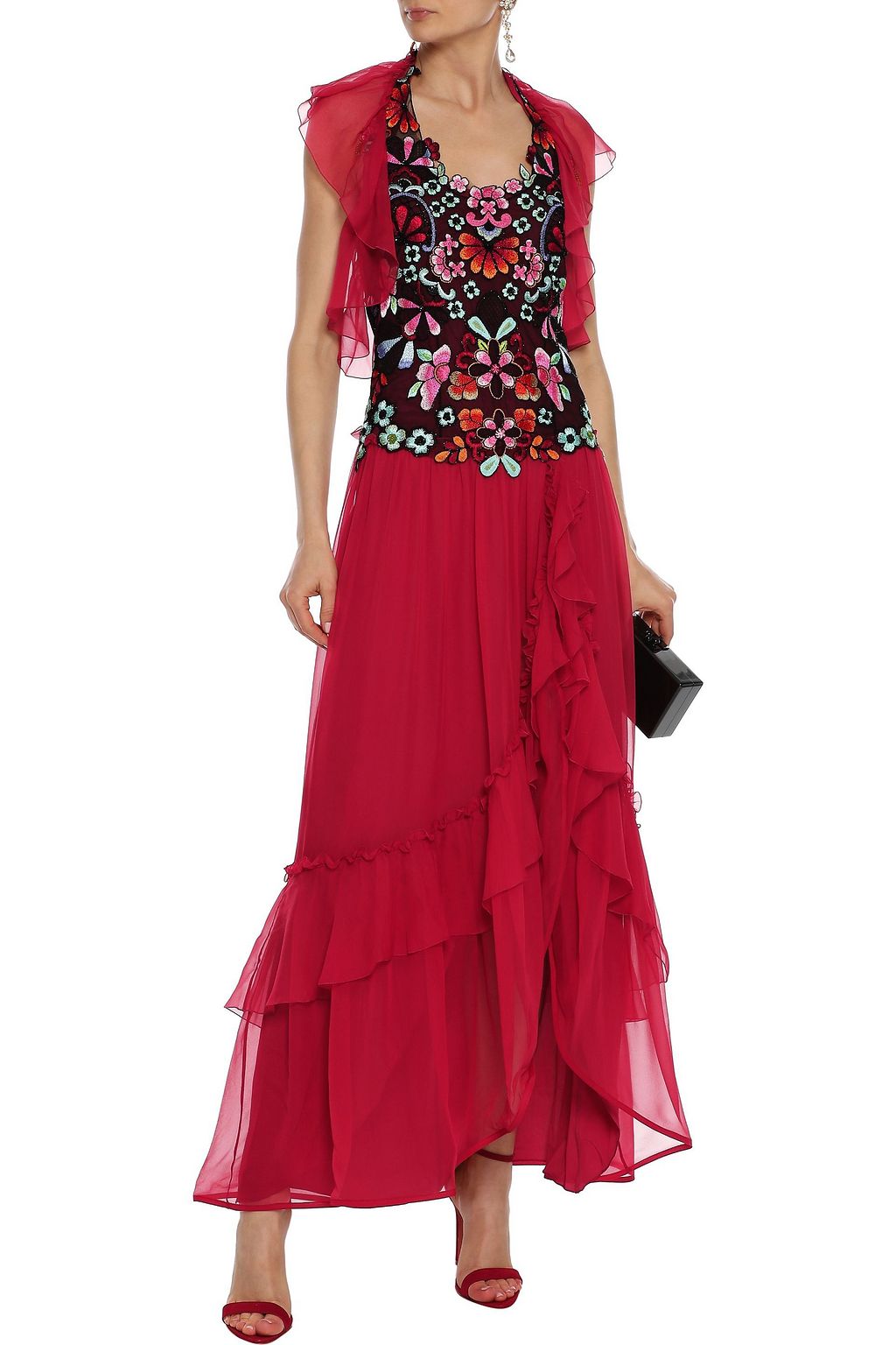 ALBERTA FERRETTI Embellished tulle-paneled ruffled silk-chiffon gown