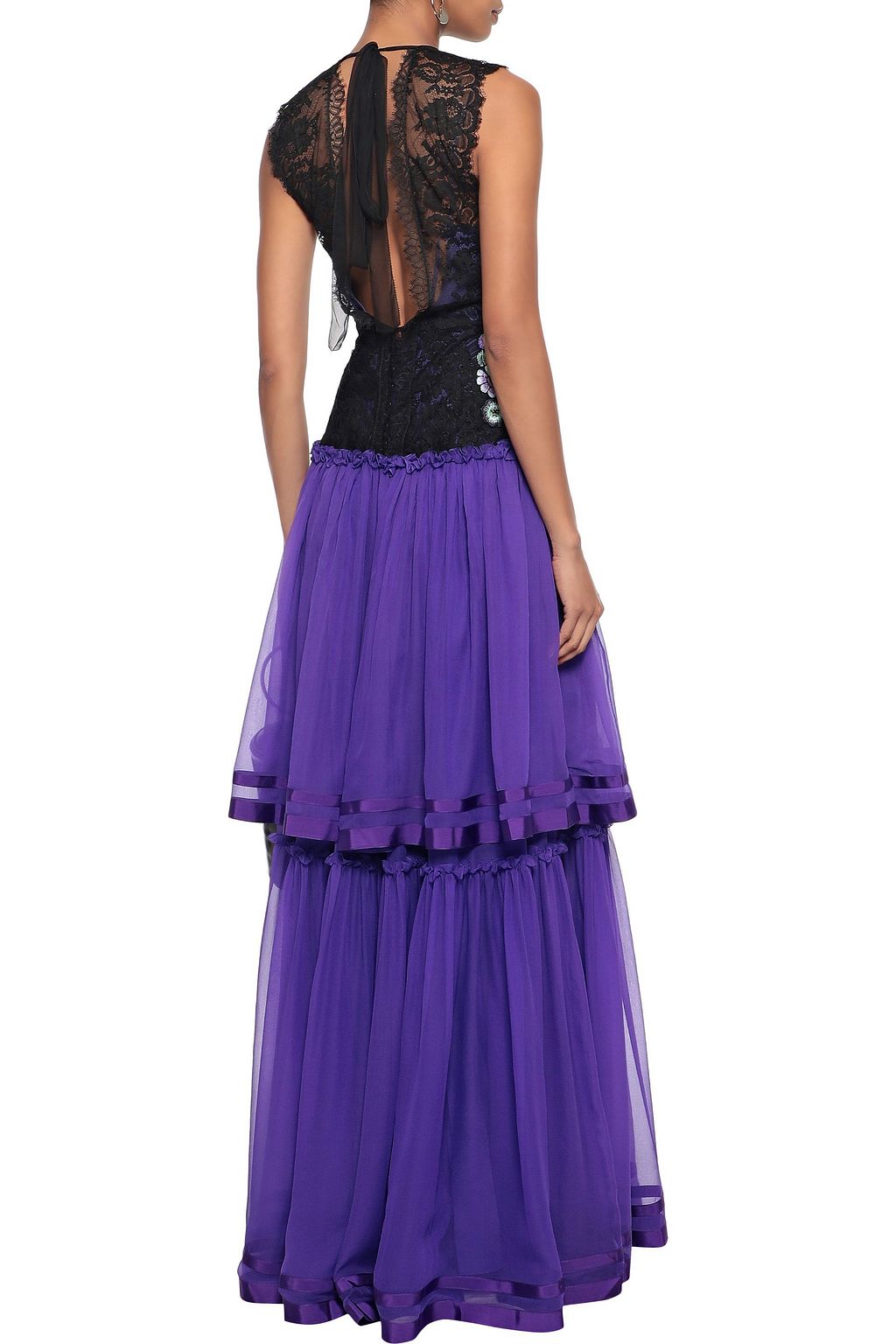 ALBERTA FERRETTI Tiered embellished lace-paneled silk-chiffon gown