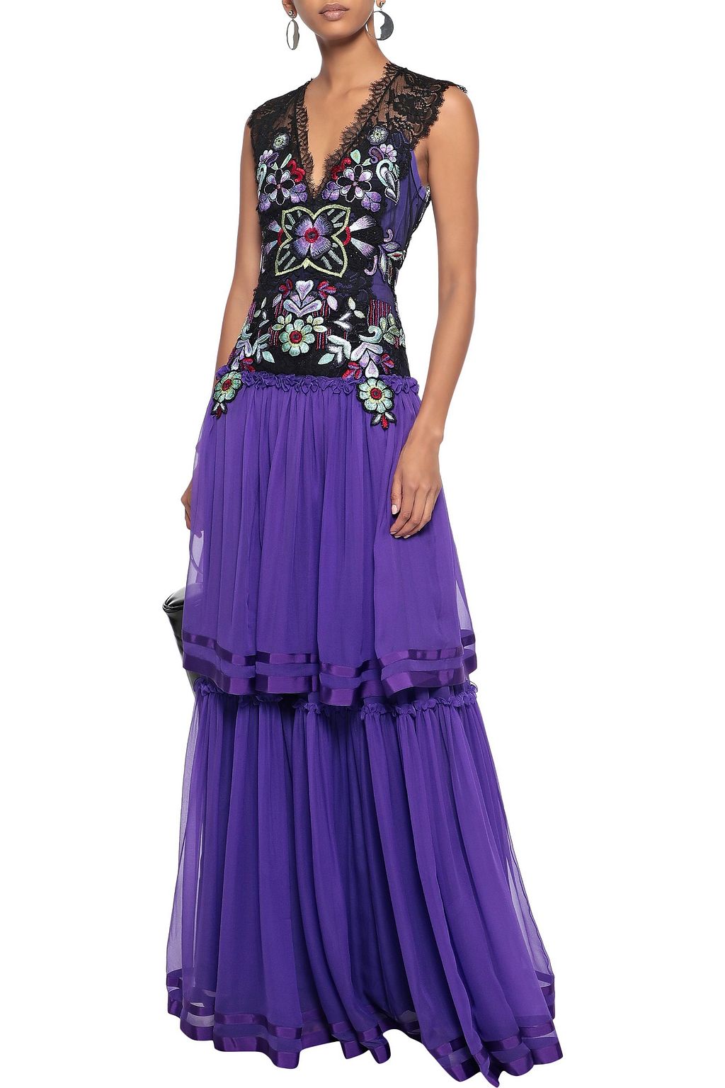 ALBERTA FERRETTI Tiered embellished lace-paneled silk-chiffon gown