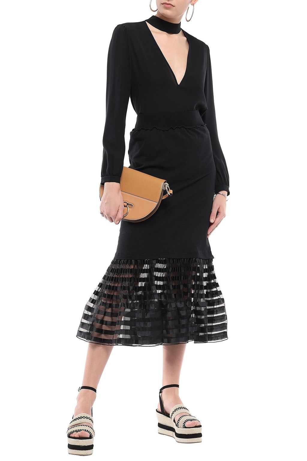 J.W.ANDERSON Fluted organza-trimmed French cotton-terry midi skirt