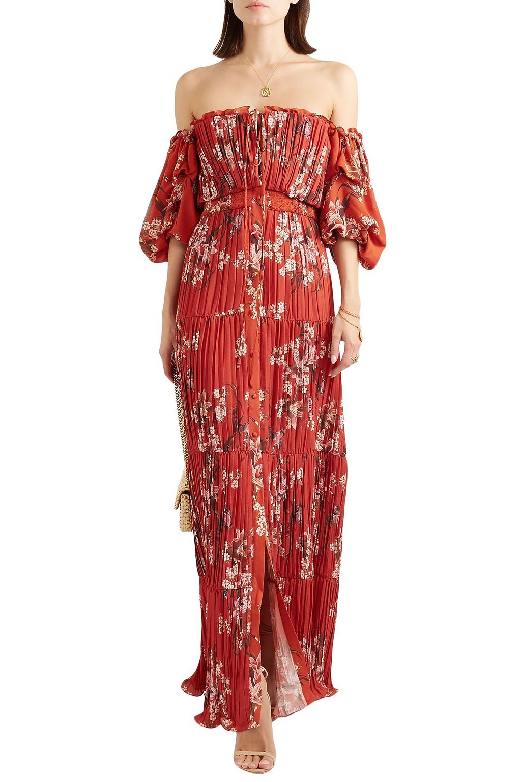 JOHANNA ORTIZ Viajes Del Alma off-the-shoulder printed plissé-georgette maxi dress