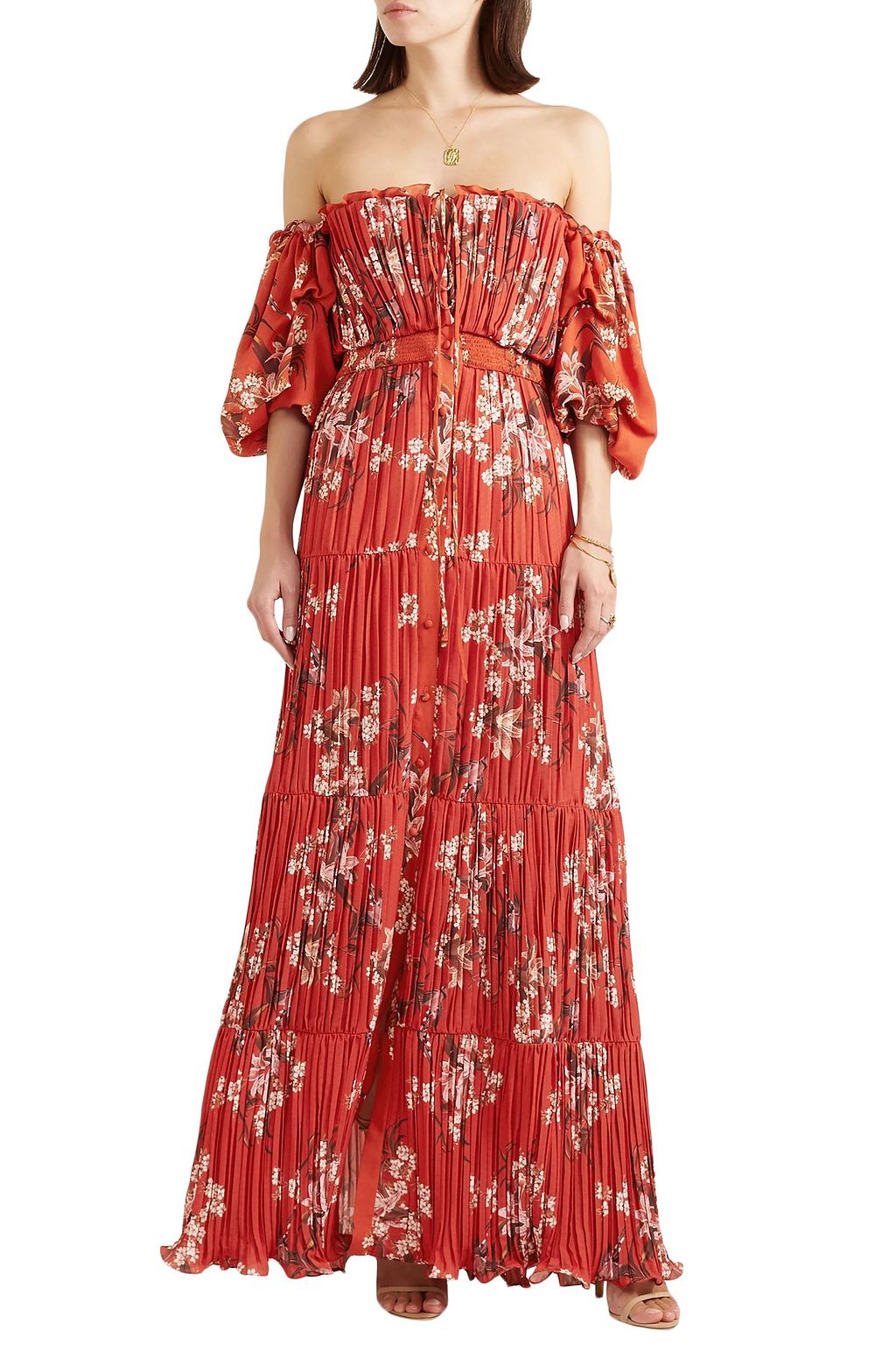 JOHANNA ORTIZ Viajes Del Alma off-the-shoulder printed plissé-georgette maxi dress