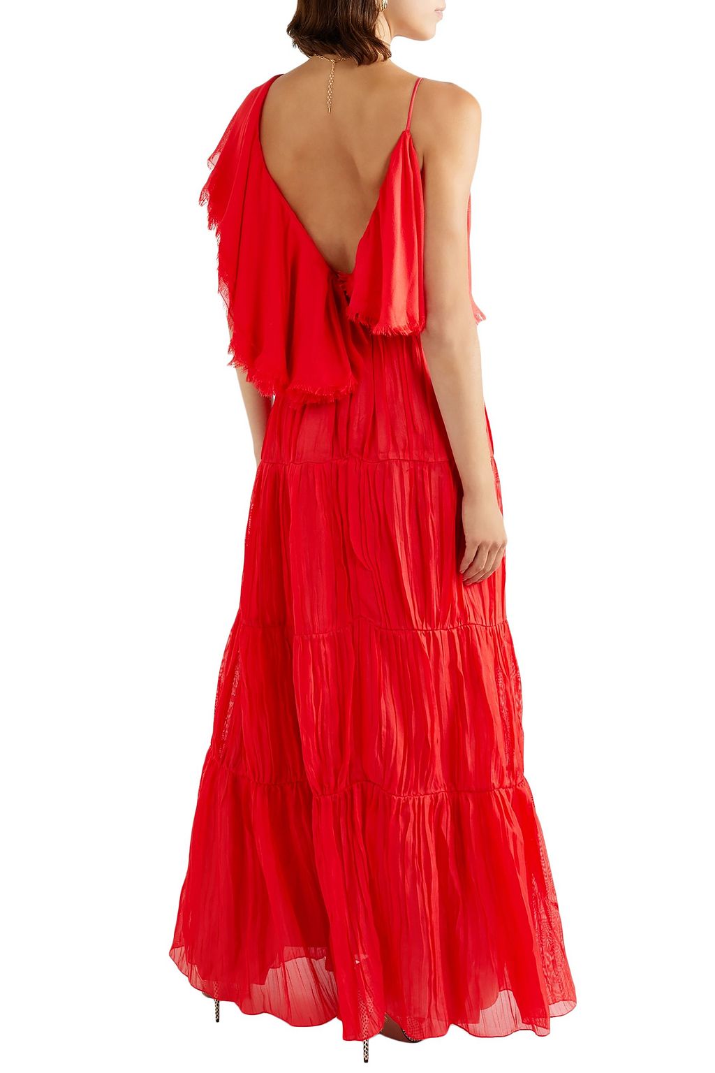 JOHANNA ORTIZ Noche De Rosas asymmetric ruffled silk maxi dress