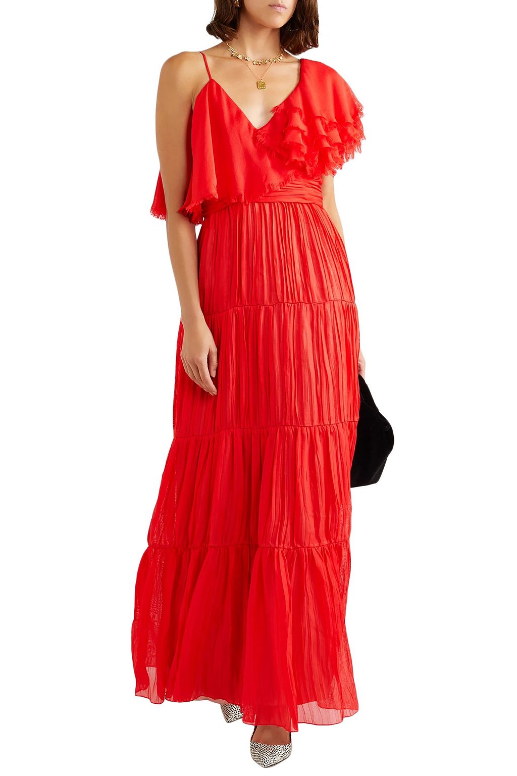 JOHANNA ORTIZ Noche De Rosas asymmetric ruffled silk maxi dress