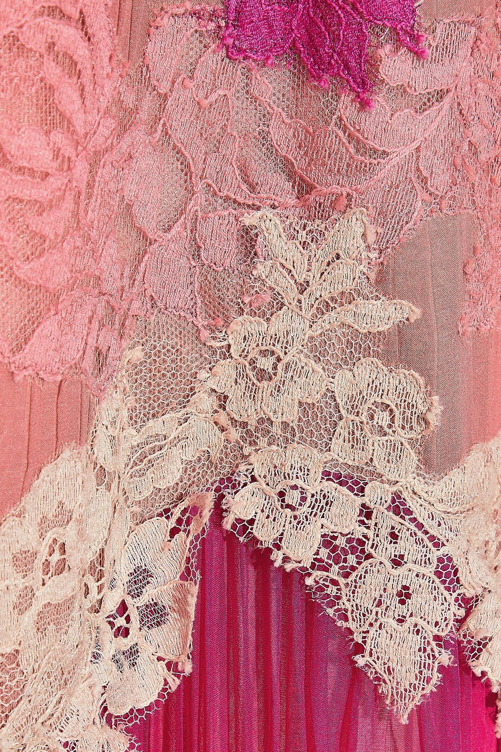 VALENTINO GARAVANI Lace-trimmed velvet-paneled plissé silk-chiffon mini dress
