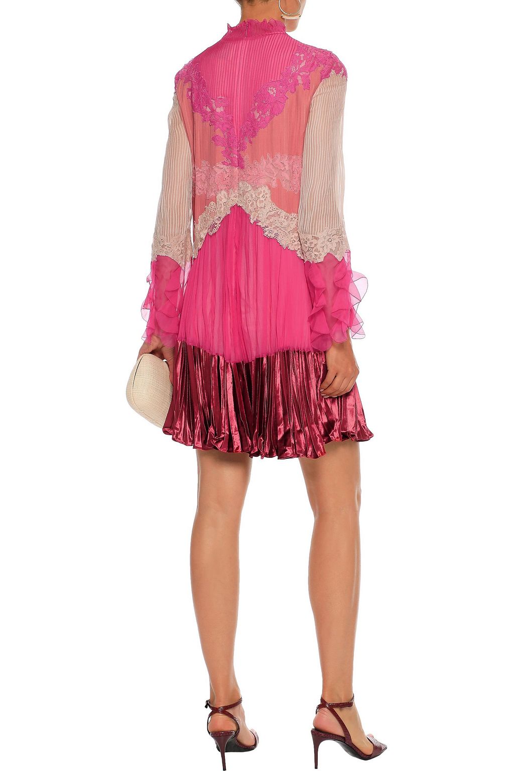 VALENTINO GARAVANI Lace-trimmed velvet-paneled plissé silk-chiffon mini dress