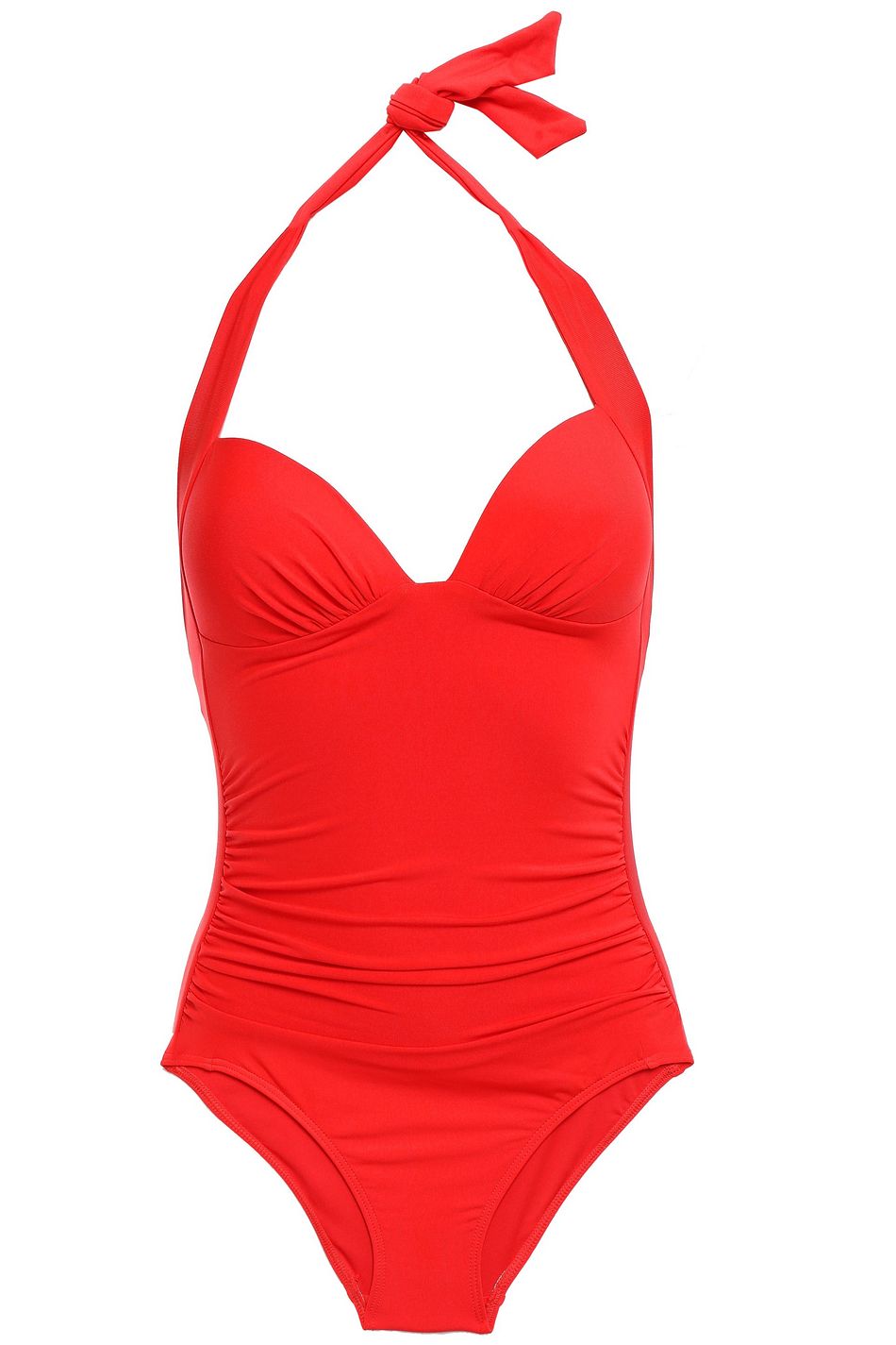 red ruched swimsuit