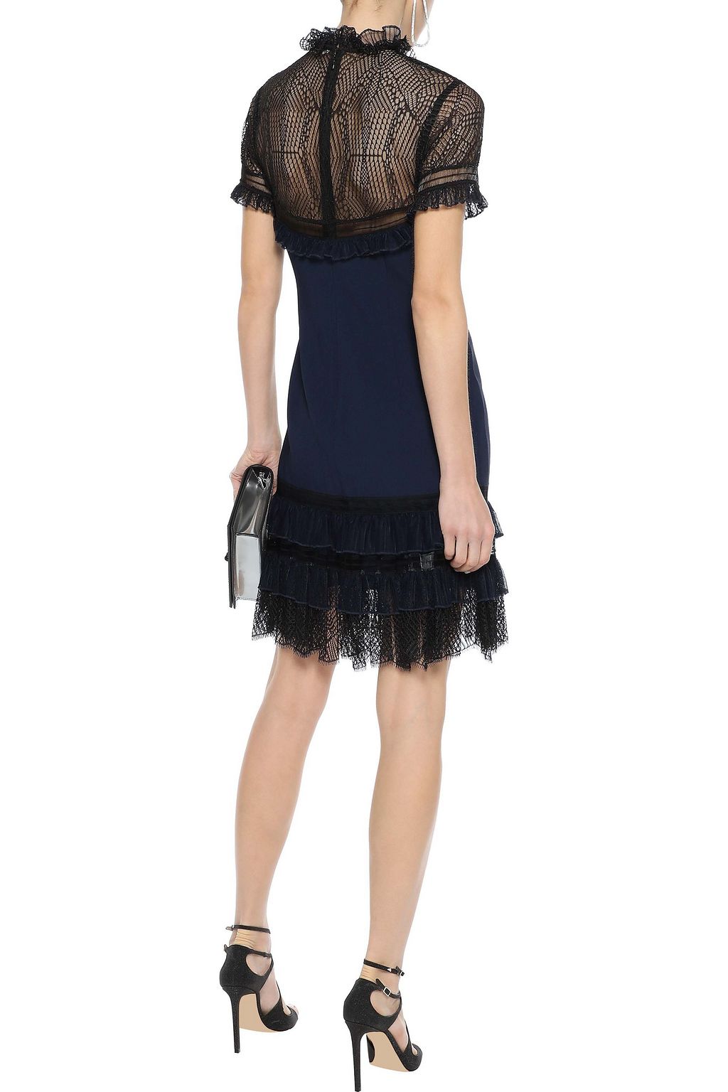 SIMKHAI Ruffled tulle-trimmed lace and crepe mini dress