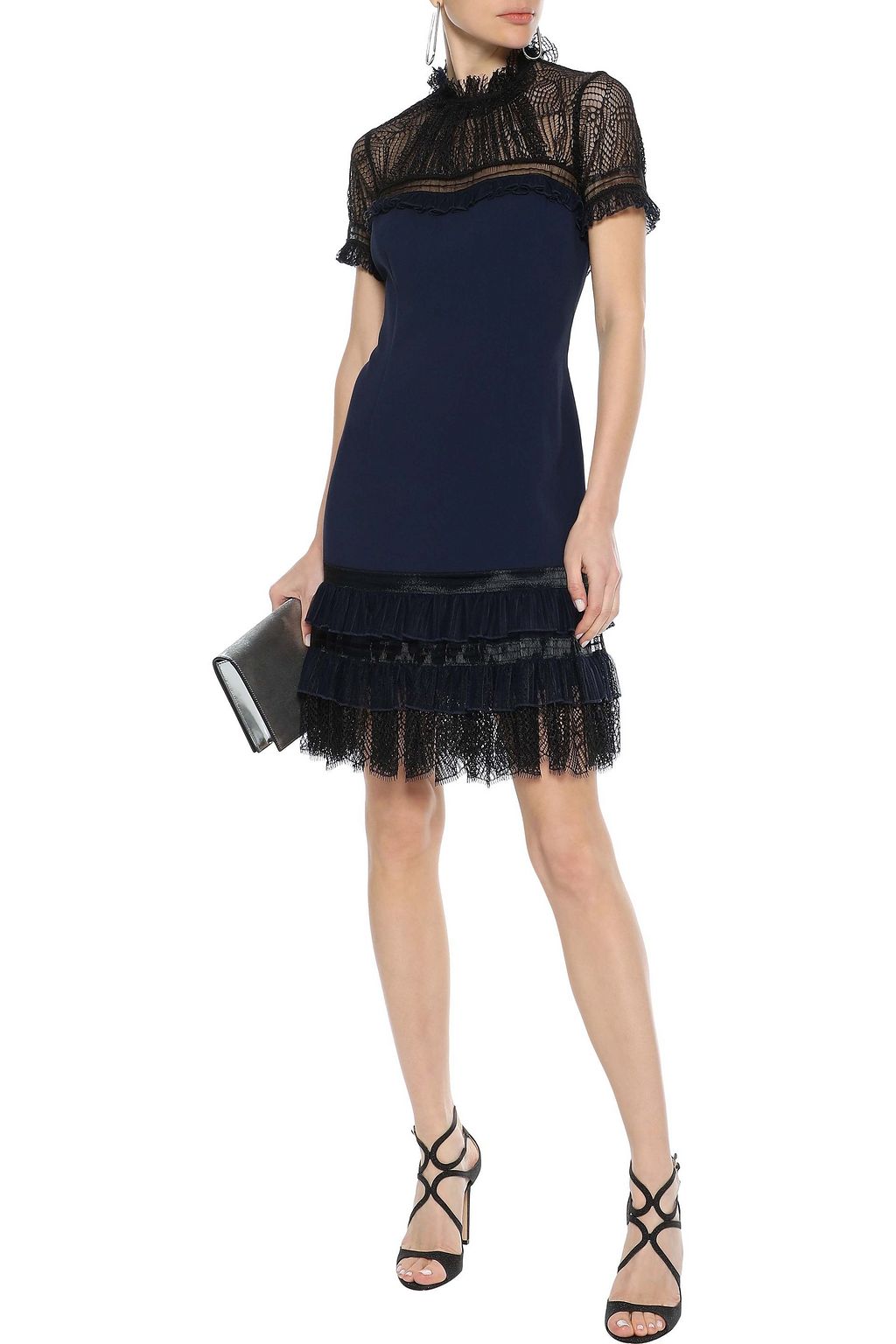 SIMKHAI Ruffled tulle-trimmed lace and crepe mini dress