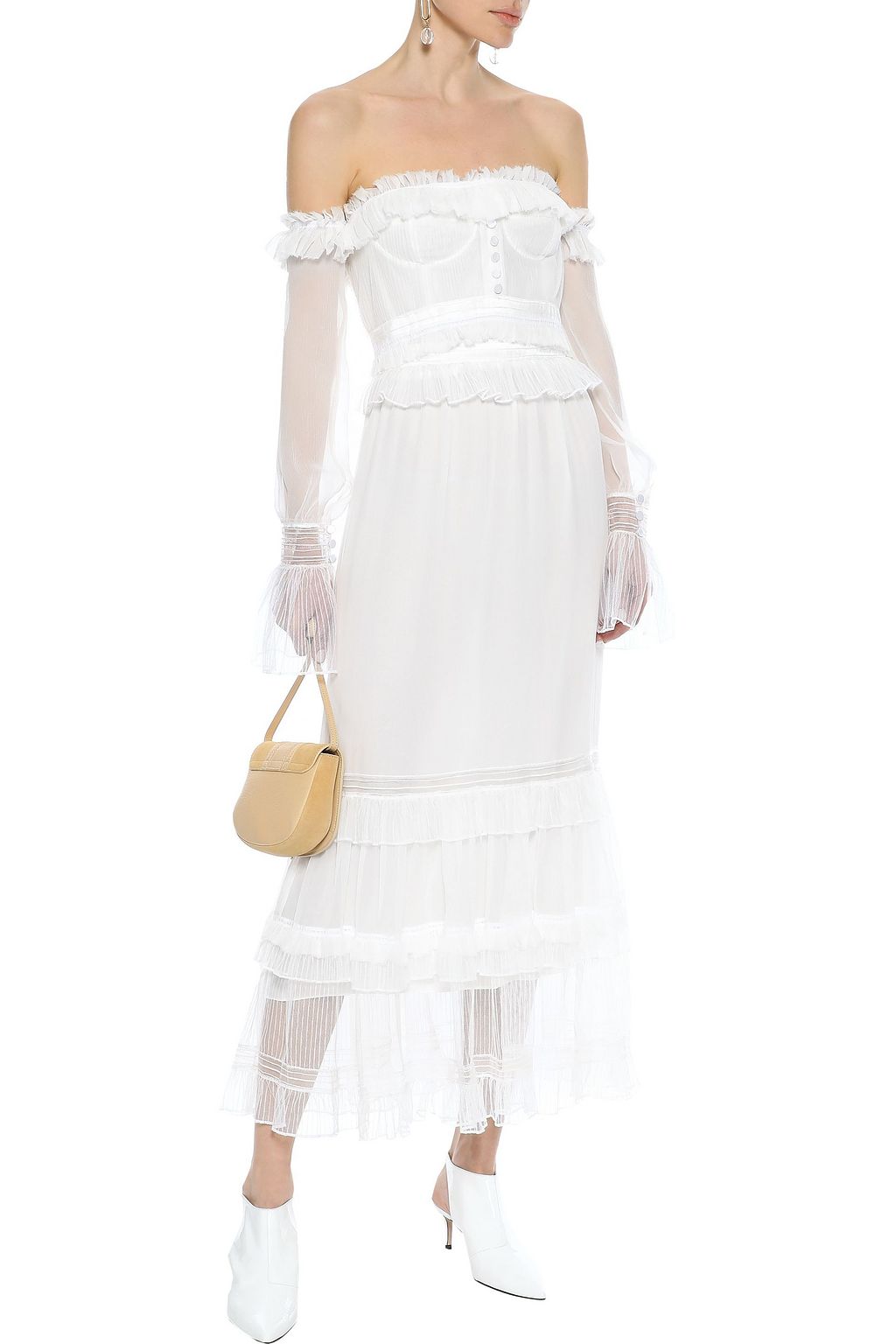 SIMKHAI Off-the-shoulder lace-paneled silk-georgette maxi dress