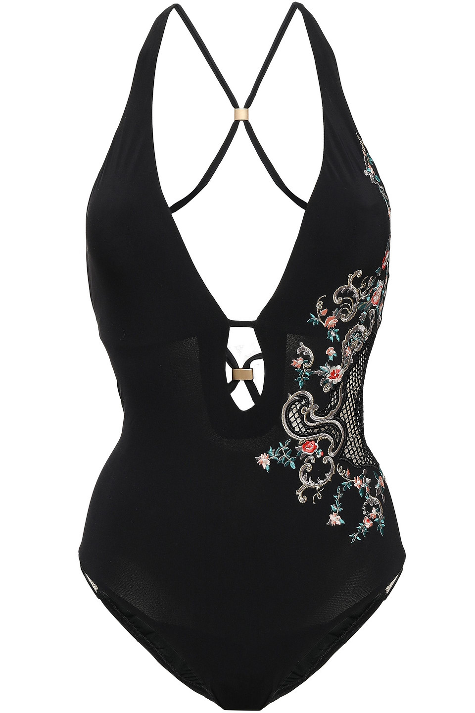 Jets Australia By Jessika Allen Woman Enchantment Plunge Open-back Embroidered Swimsuit Black Size 10