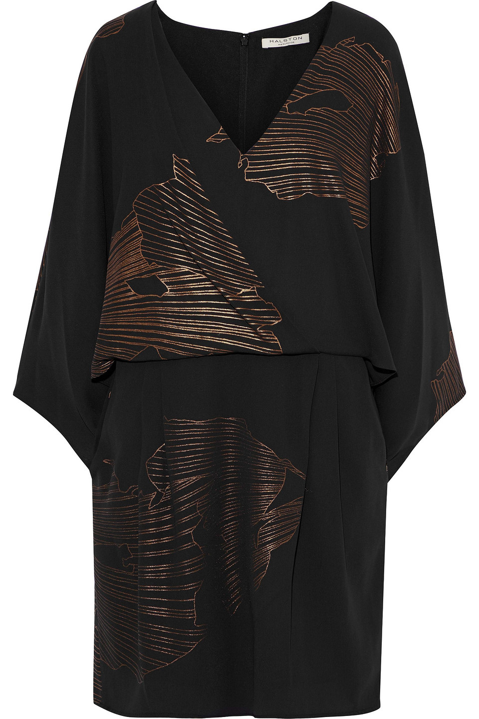halston - wrap-effect metallic printed crepe dress - black - us 8