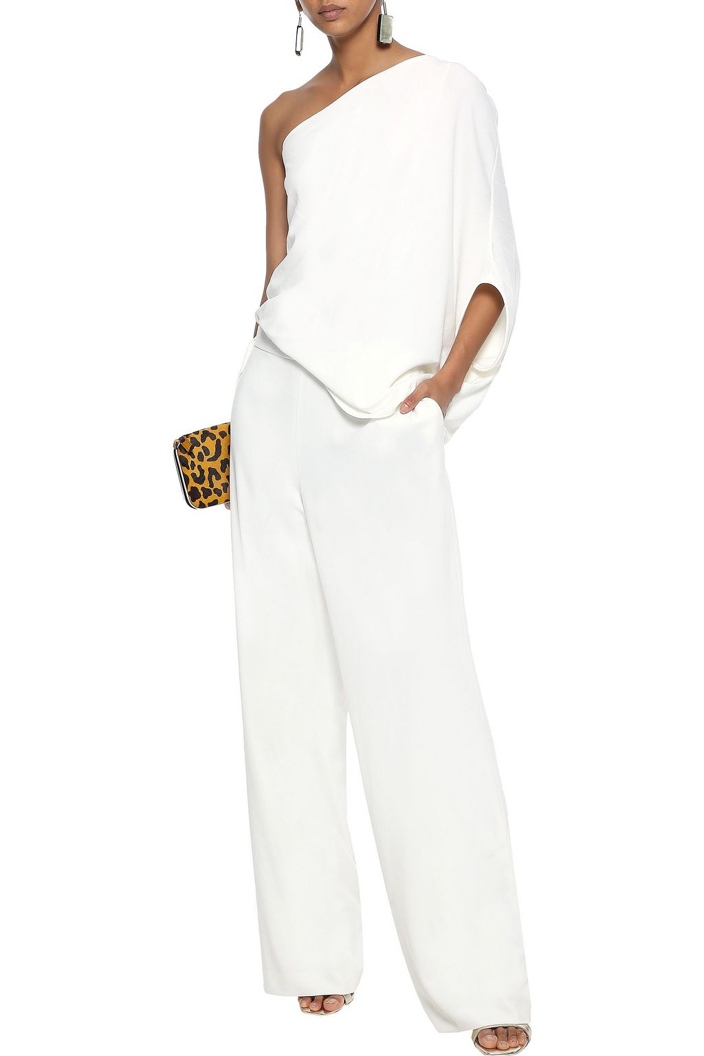 HALSTON One-shoulder draped stretch-crepe jumpsuit