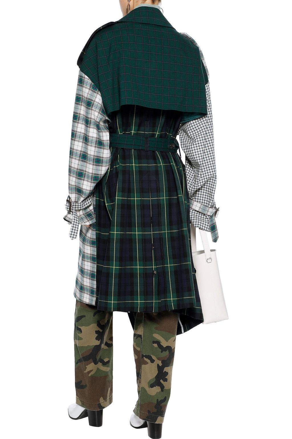 PUSHBUTTON Asymmetric paneled checked cotton-twill trench coat