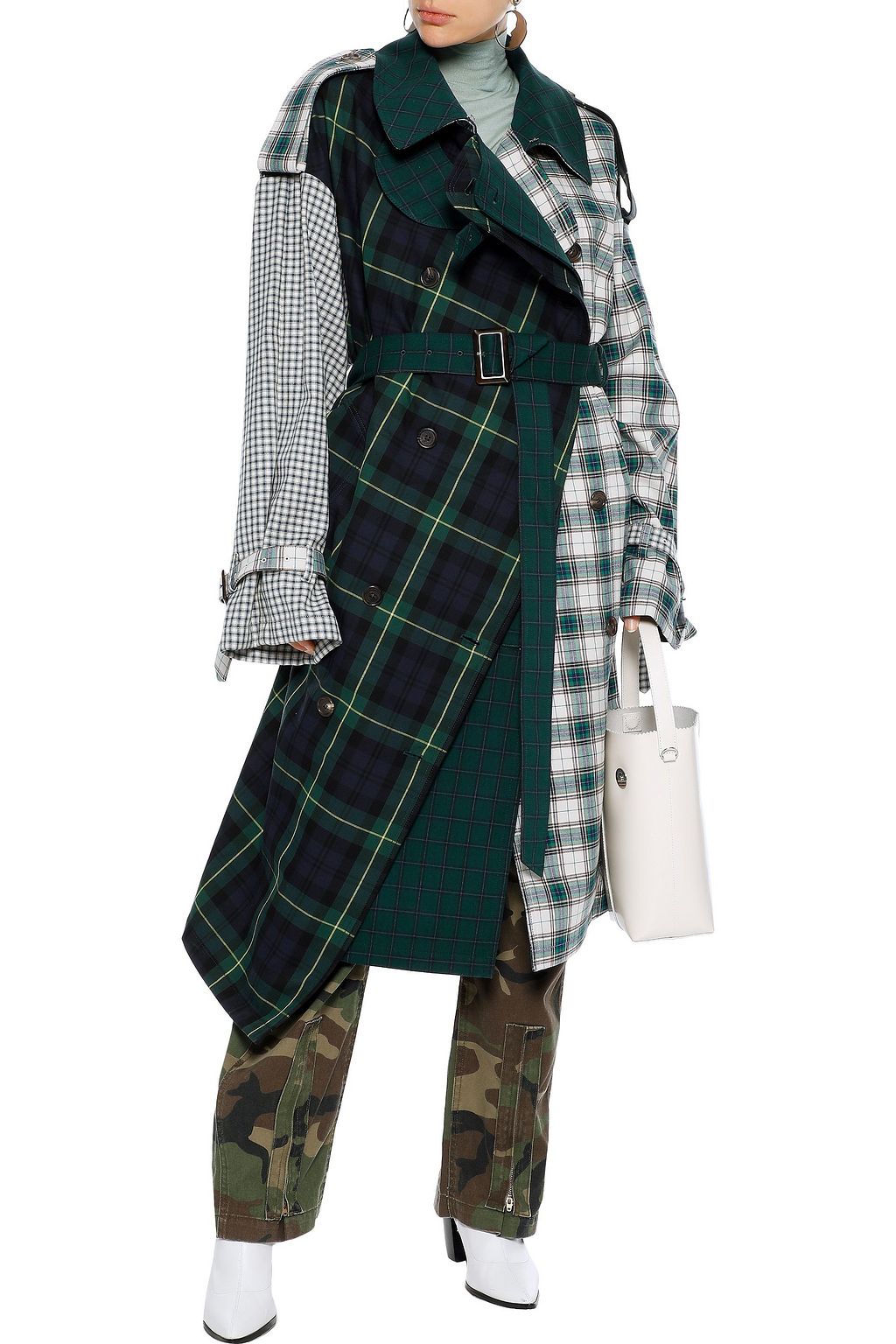 PUSHBUTTON Asymmetric paneled checked cotton-twill trench coat