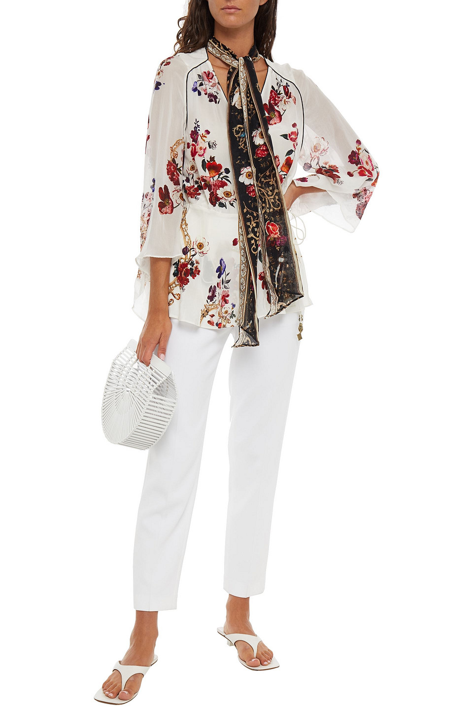 Camilla Fairy Godmother Tie-neck Embellished Floral-print Silk-chiffon Wrap Blouse In White