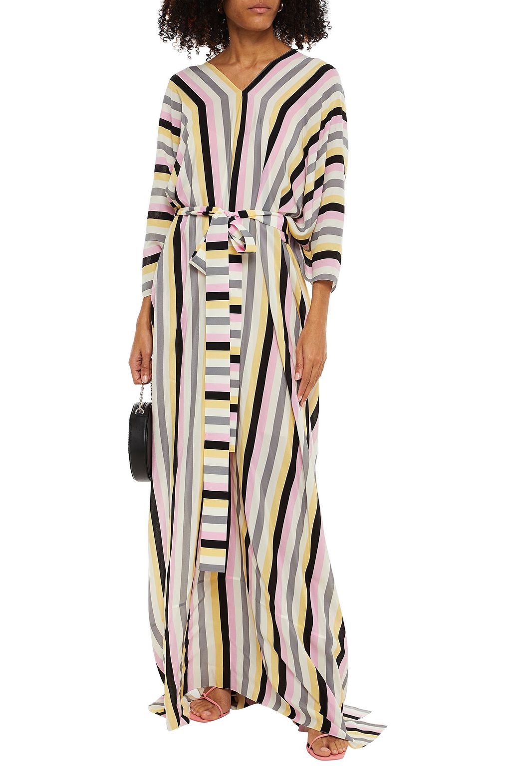 OSCAR DE LA RENTA Belted striped silk crepe de chine kaftan