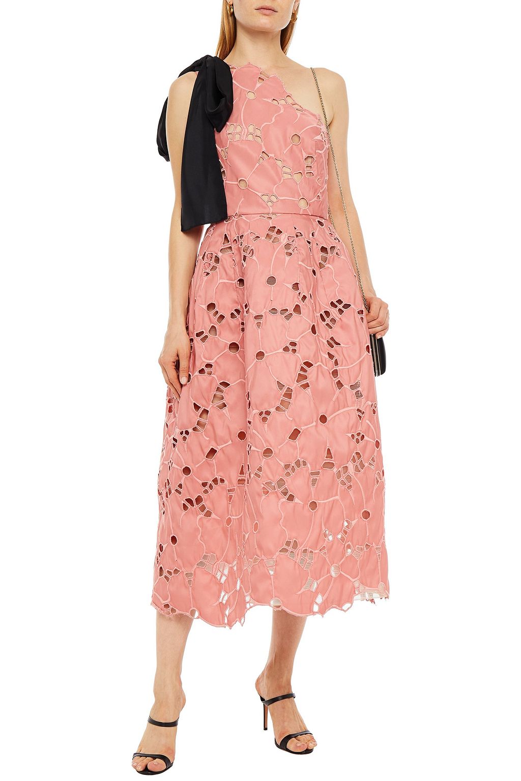 OSCAR DE LA RENTA One-shoulder bow-embellished broderie anglaise midi dress