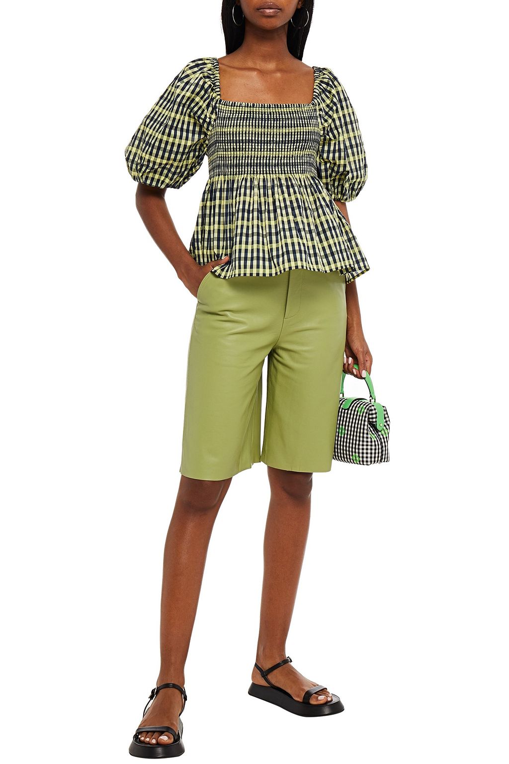 BAUM UND PFERDGARTEN Shirred ruffled gingham jacquard top