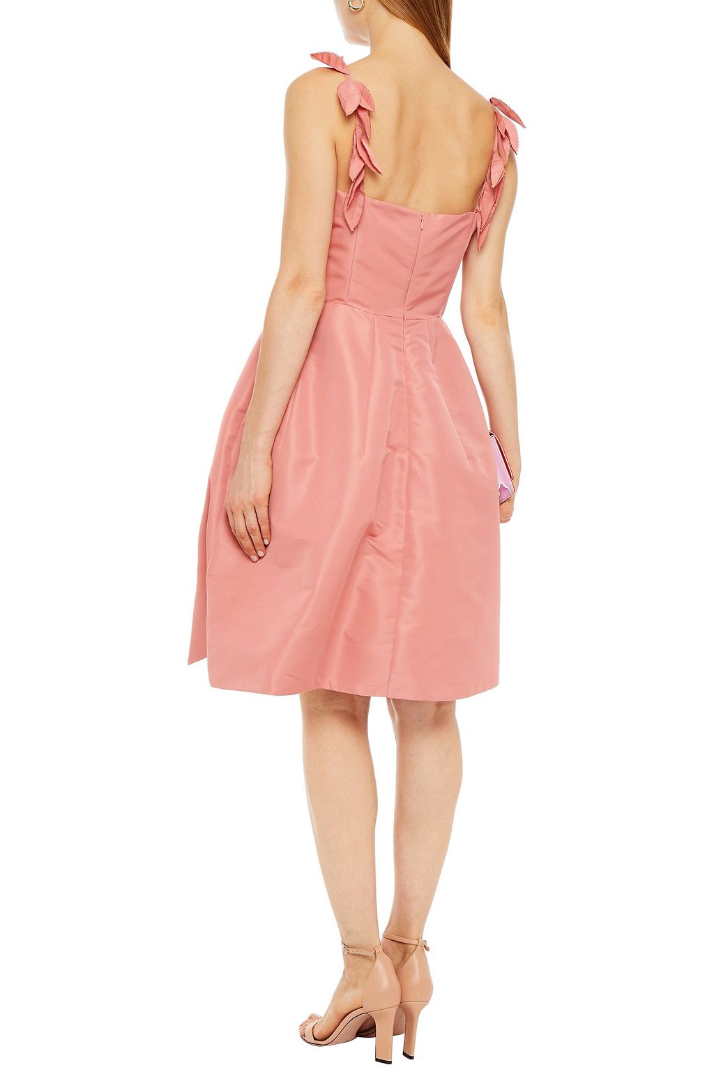 OSCAR DE LA RENTA Floral-appliquéd pleated taffeta dress