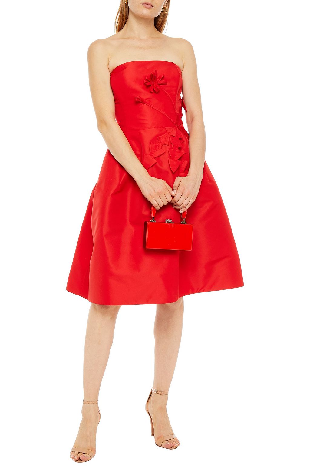 OSCAR DE LA RENTA Flared strapless appliquéd taffeta dress