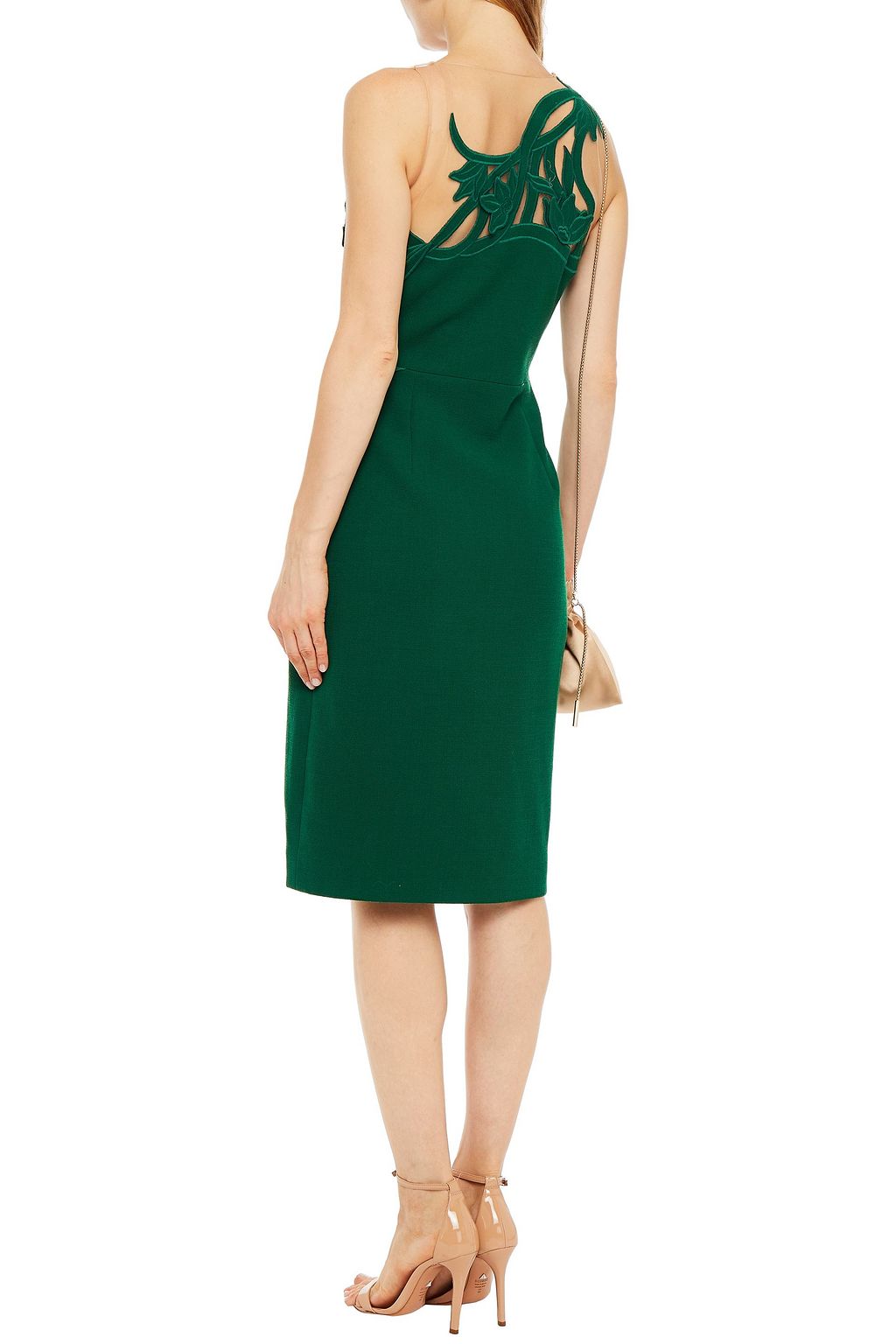 OSCAR DE LA RENTA Floral-appliquéd tulle-paneled wool-blend crepe dress