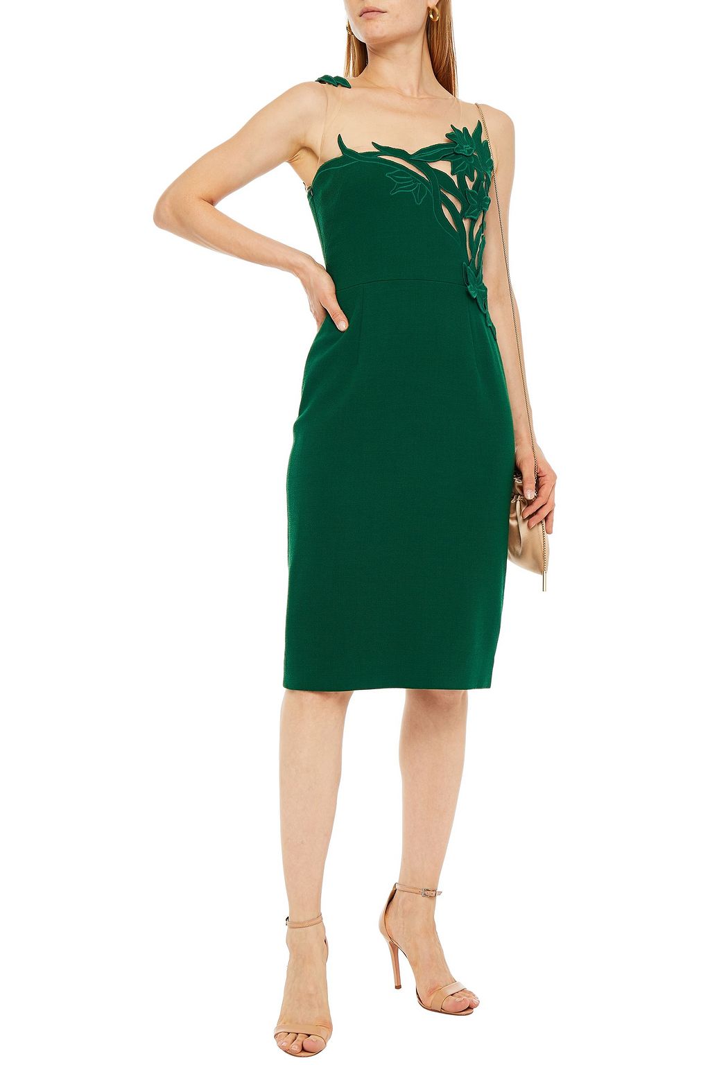 OSCAR DE LA RENTA Floral-appliquéd tulle-paneled wool-blend crepe dress