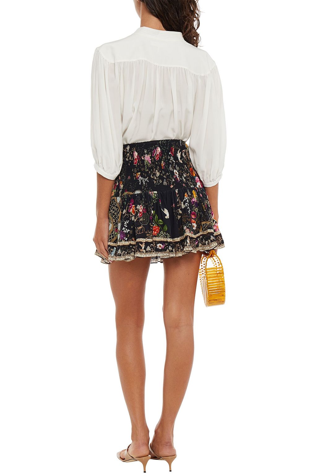 CAMILLA Crystal-embellished shirred floral-print silk crepe de chine mini skirt