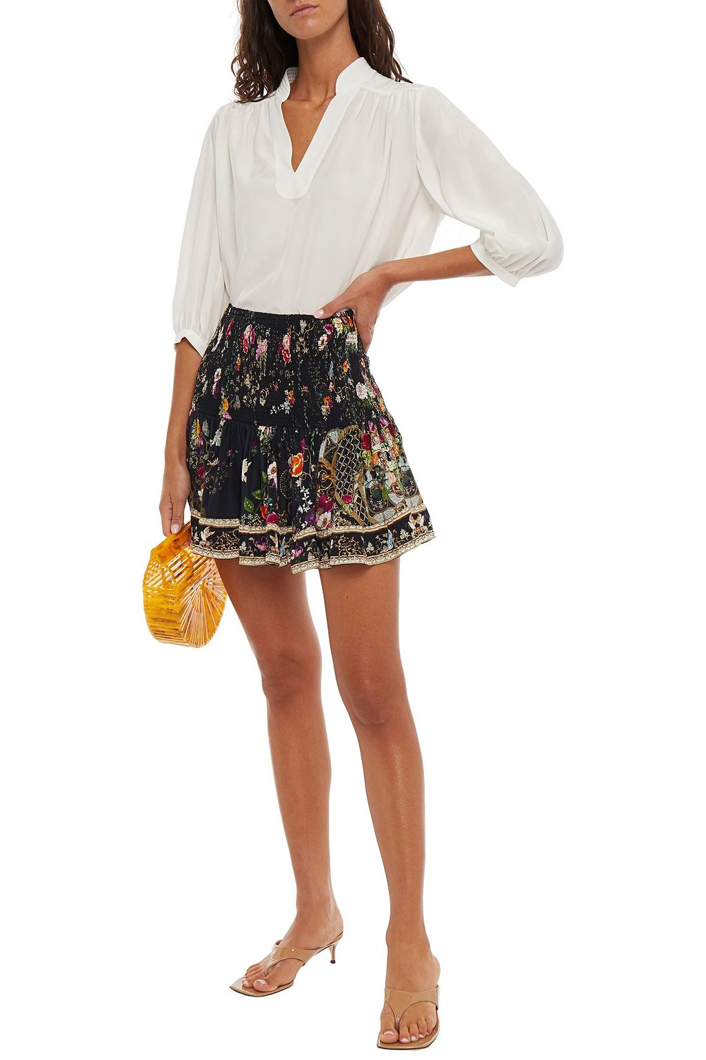 CAMILLA Crystal-embellished shirred floral-print silk crepe de chine mini skirt