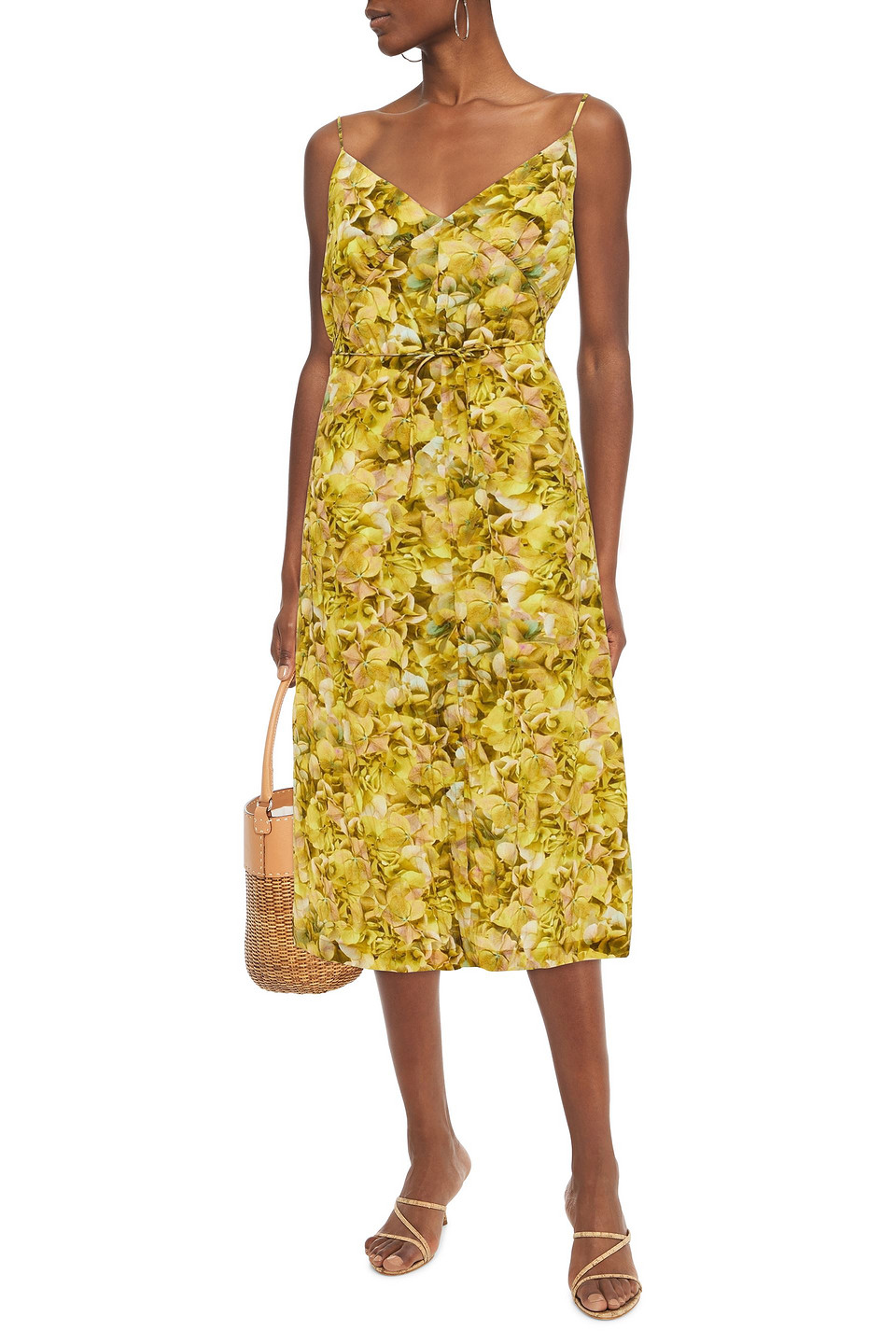 Baum Und Pferdgarten Belted Floral-print Crinkled Crepe De Chine Midi Dress In Yellow