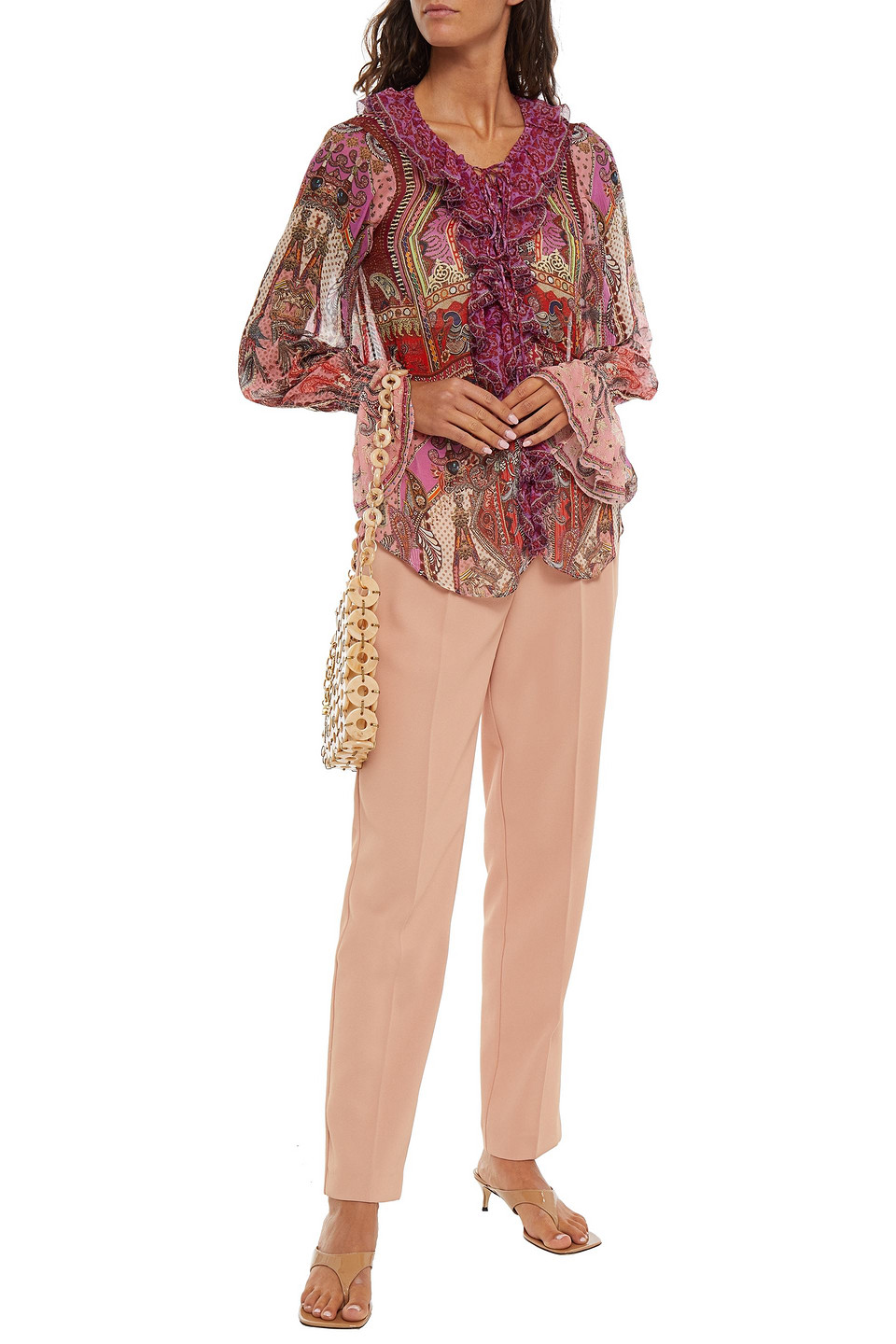 Camilla Lotus Lovers Ruffle-trimmed Embellished Printed Silk-crepon Blouse In Black