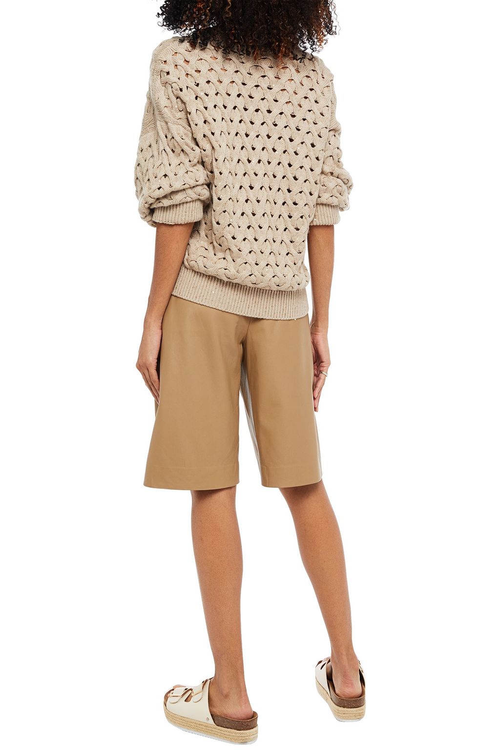 BRUNELLO CUCINELLI Embellished cable-knit cashmere and silk-blend sweater