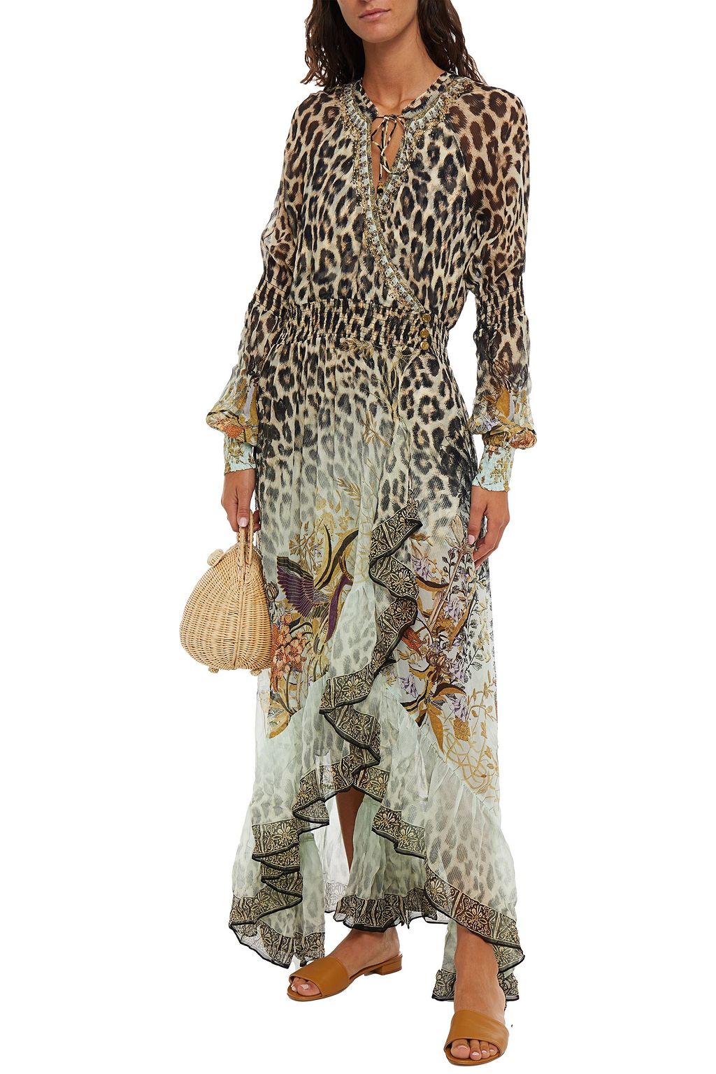 CAMILLA Nomadic Nymph embellished ruffled printed silk midi wrap dress