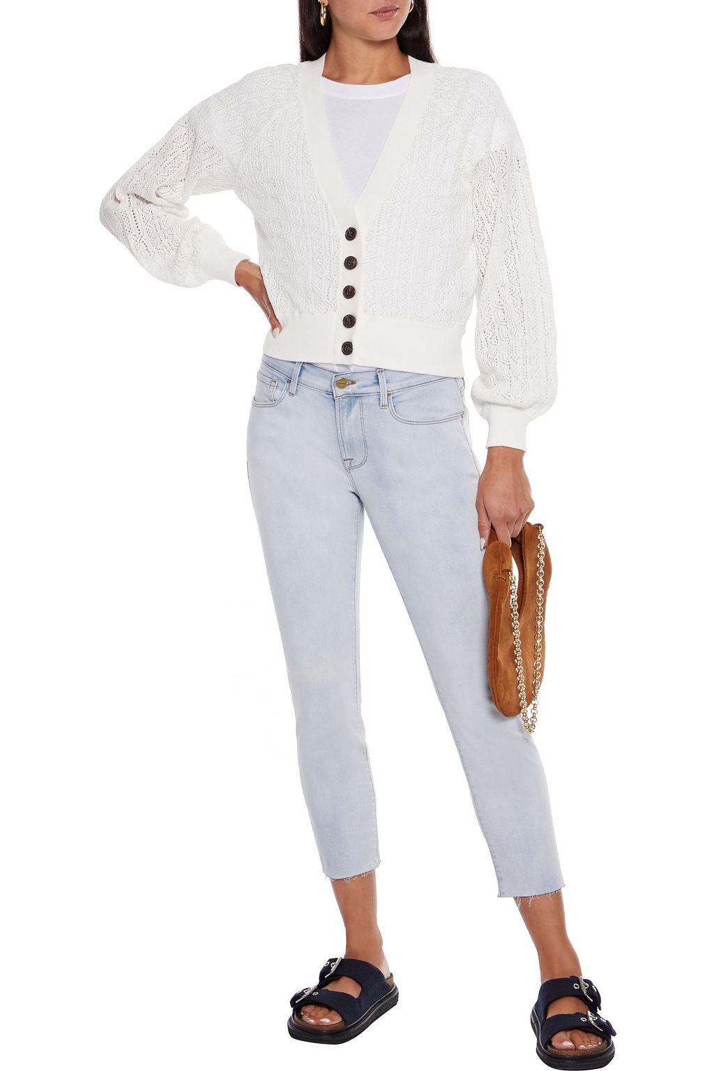 FRAME Pointelle-knit organic cotton cardigan