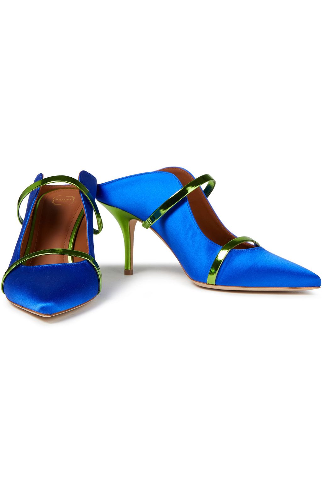 MALONE SOULIERS Maureen 70 metallic leather-trimmed satin mules