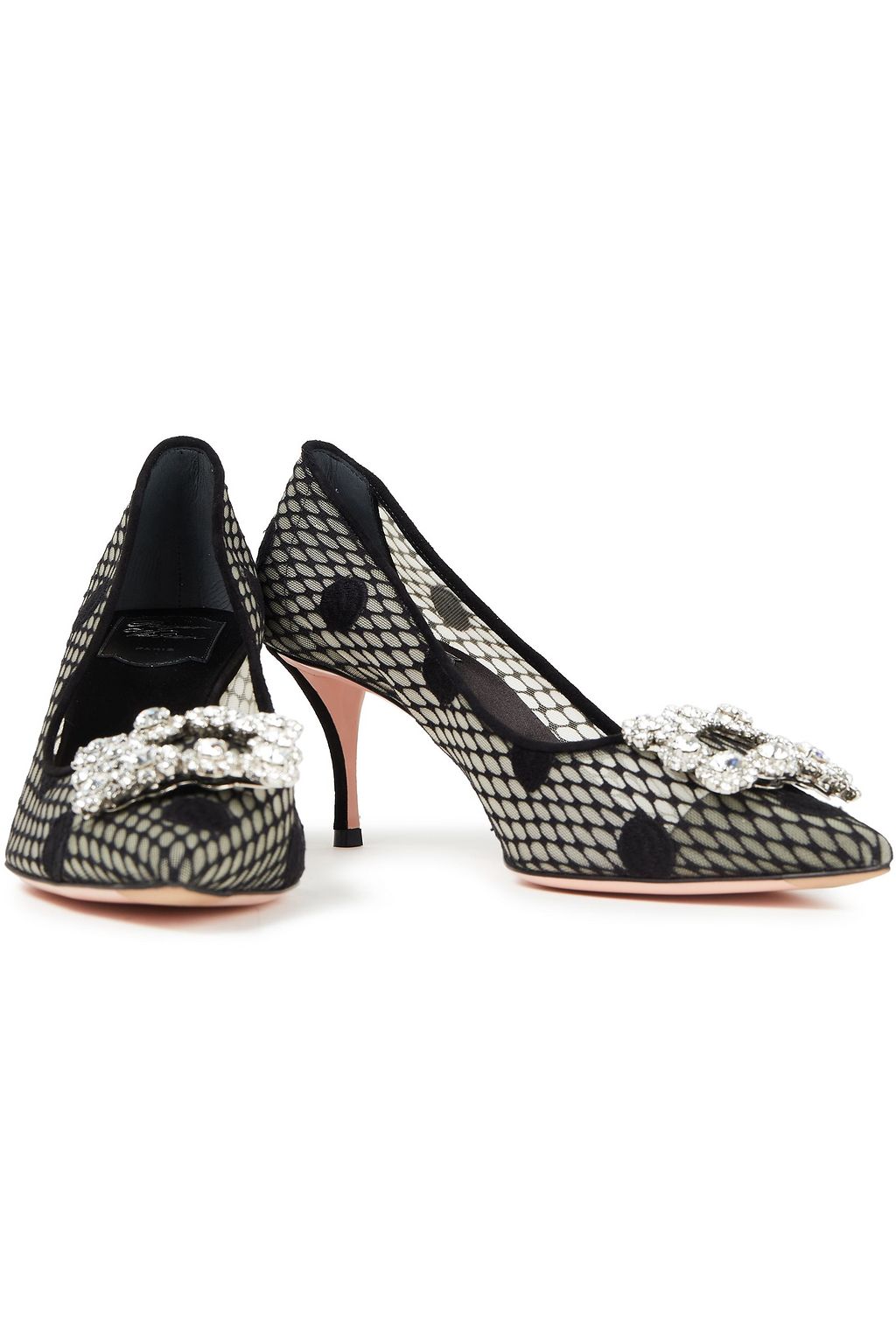 ROGER VIVIER Flower Strass embellished Swiss-dot and mesh pumps