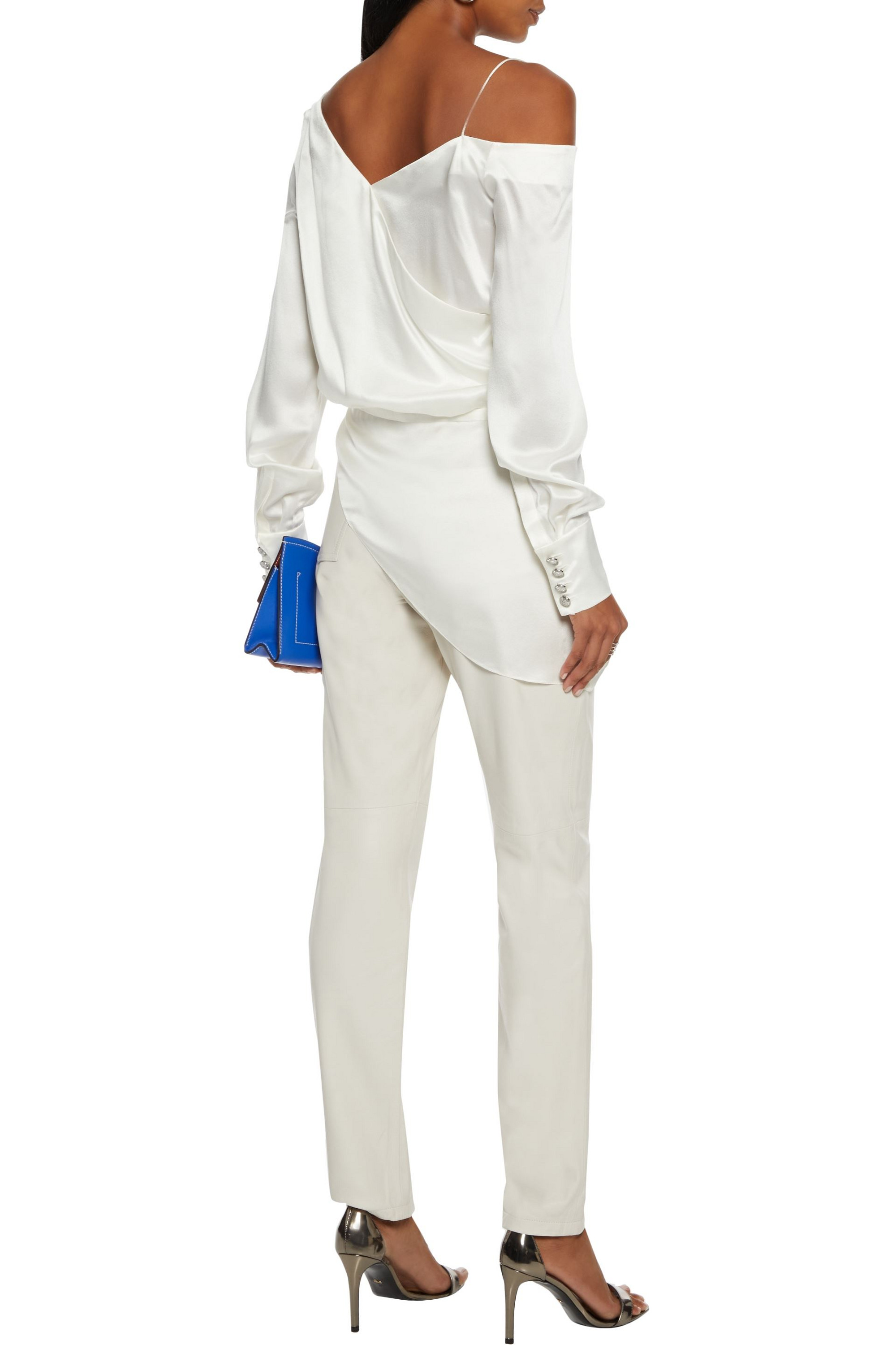 Balmain Asymmetric wrap-effect draped silk-satin peplum top