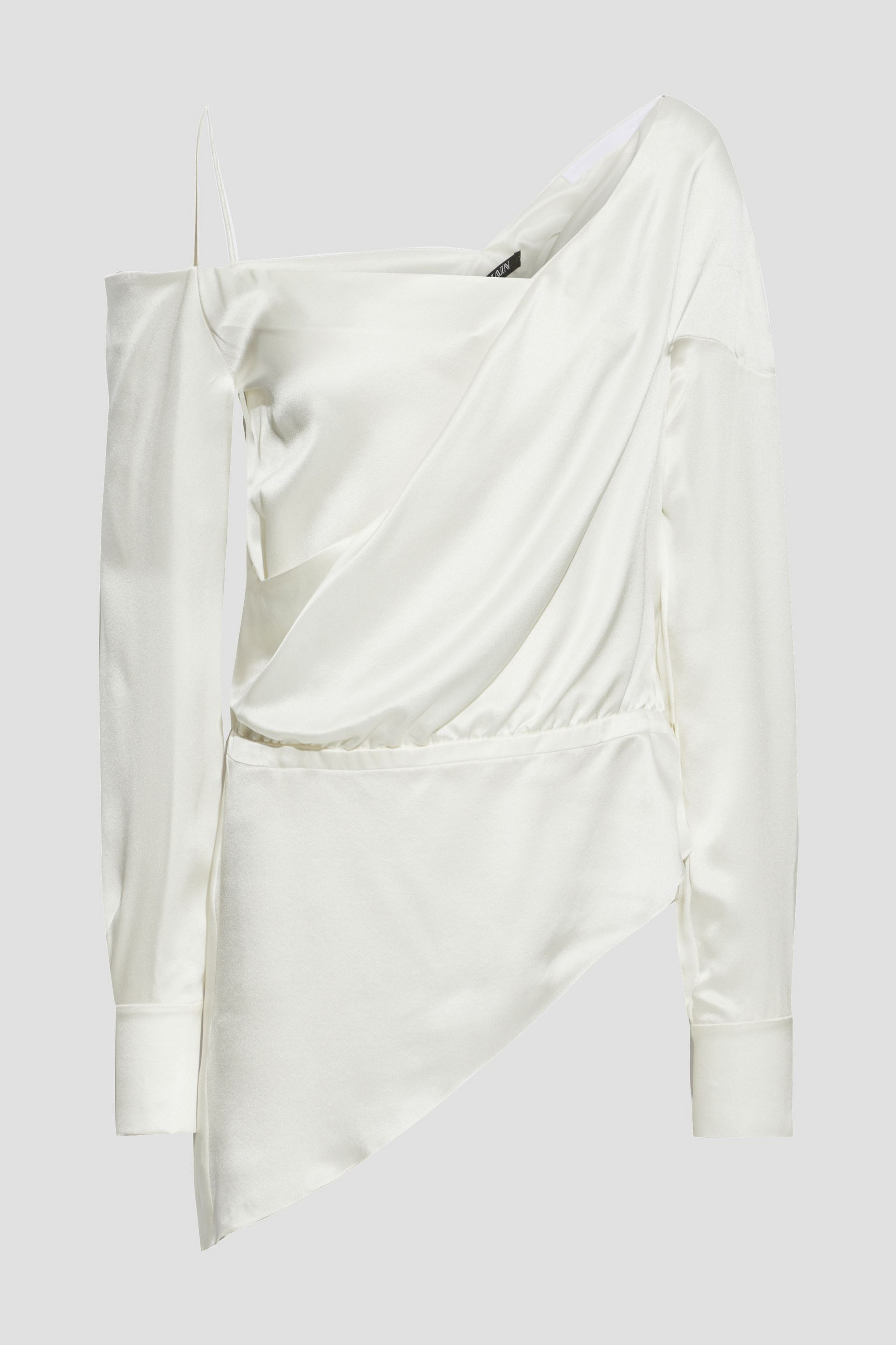 Balmain Asymmetric wrap-effect draped silk-satin peplum top