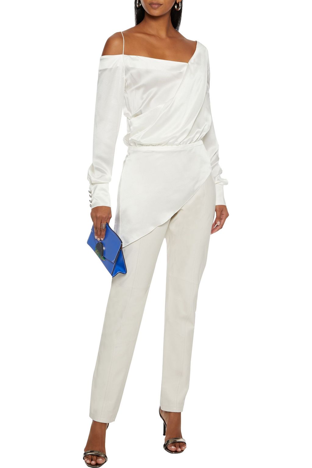 BALMAIN Asymmetric wrap-effect draped silk-satin peplum top