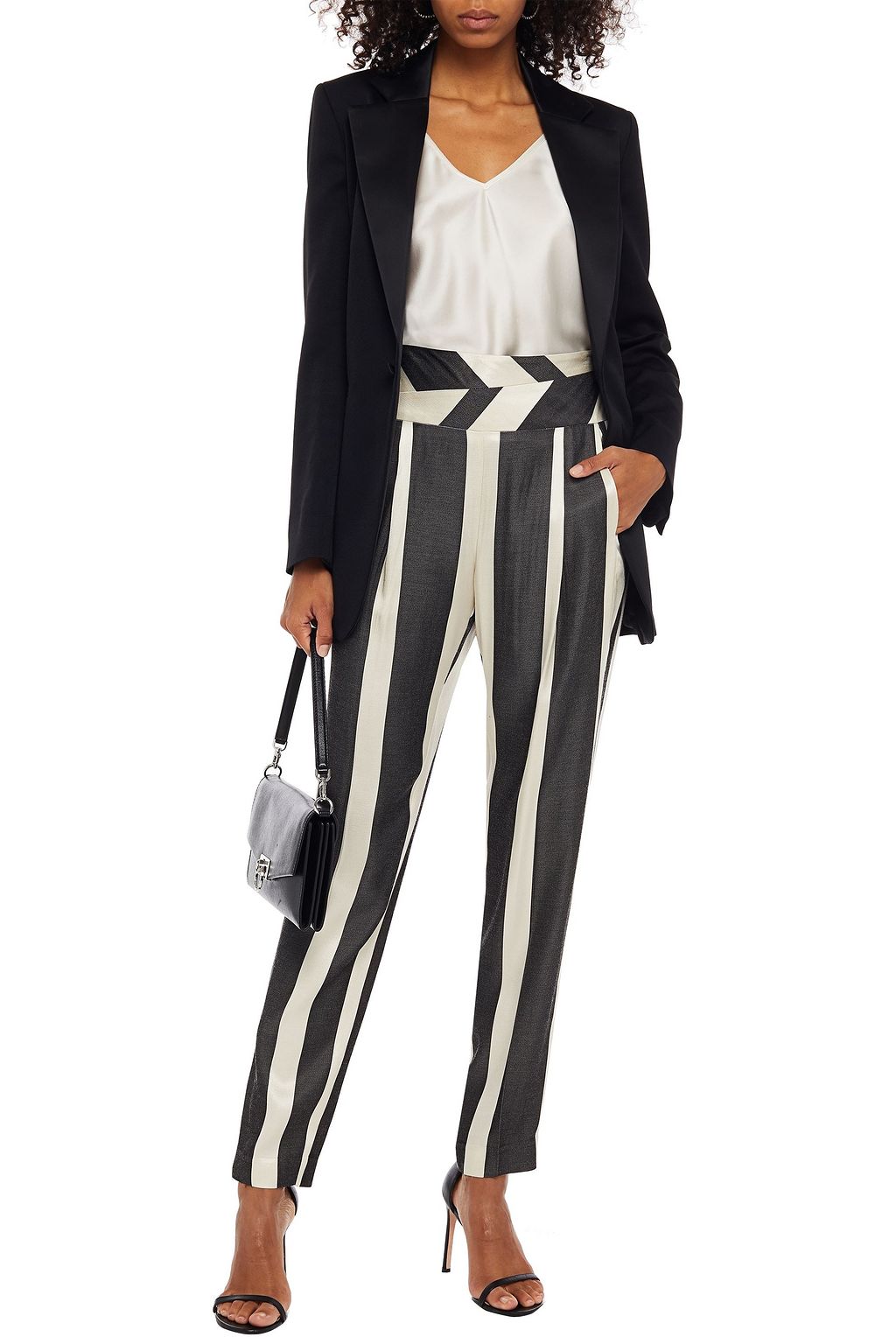 MICHELLE MASON Pleated striped satin-jacquard tapered pants