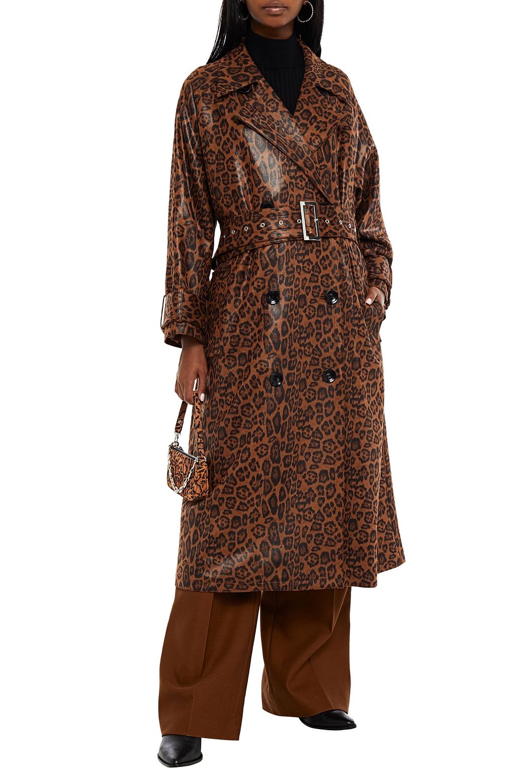 STAND STUDIO Shelby leopard-print metallic woven trench coat